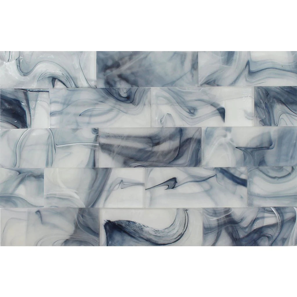 Aquatica Stratus Glass White on Blue Glass Tile 3"x9" - Clouds Collection