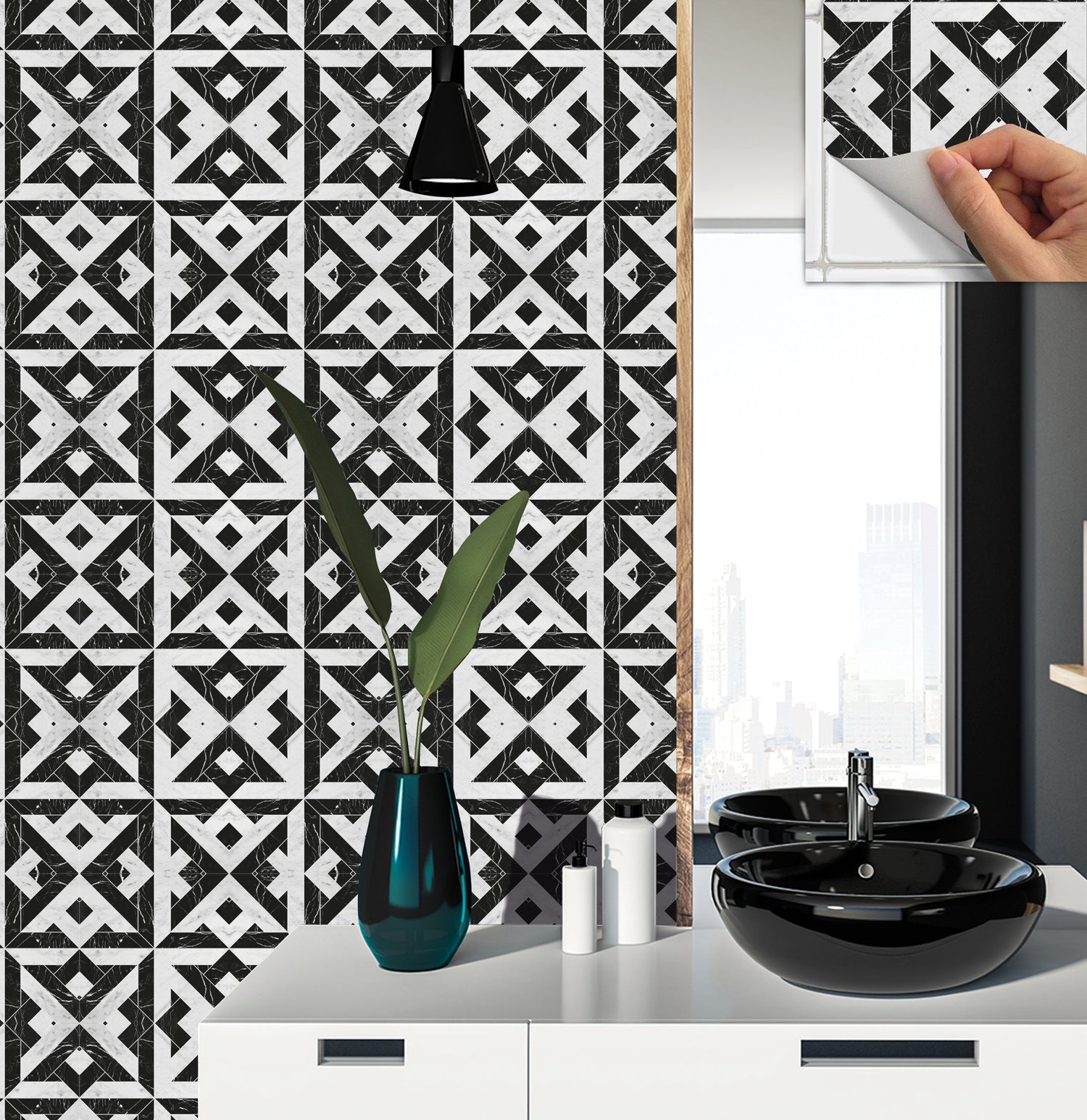Black White Marble Look Peel&Stick Wall and Floor Tiles - 12"x12"