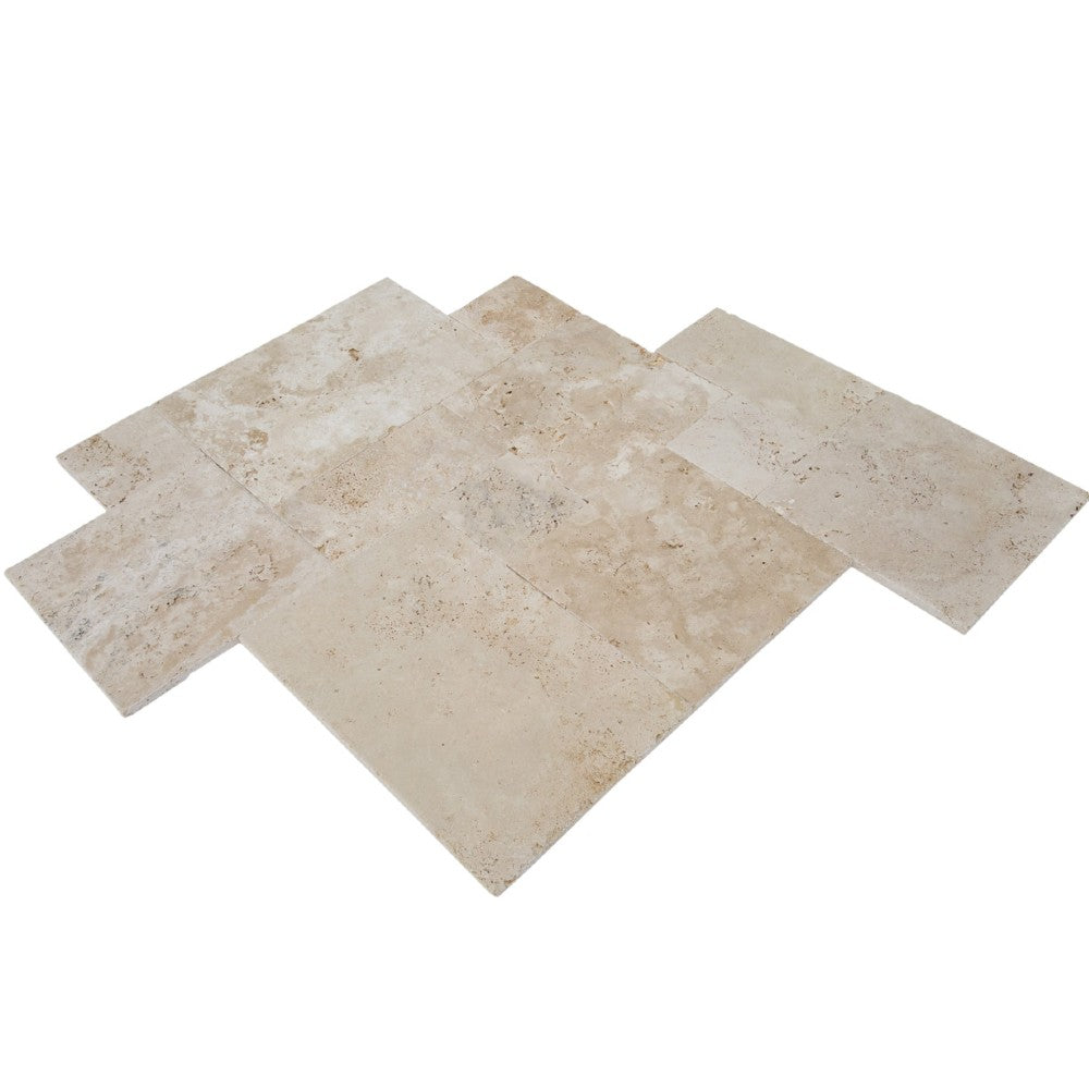 Denizli Beige Antique French Pattern Set Travertine Tile – Brushed, Chiseled, and Unfilled