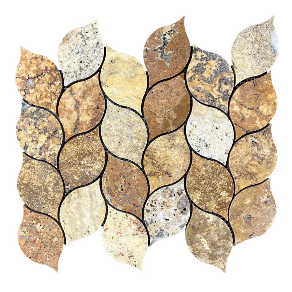 Scabos Travertine Leaf Design on 12" x 12" Mesh Mosaic Tile