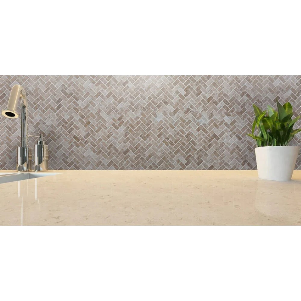 Medium Beige Travertine Tumbled Herringbone Mosaic Floor and Wall Tile