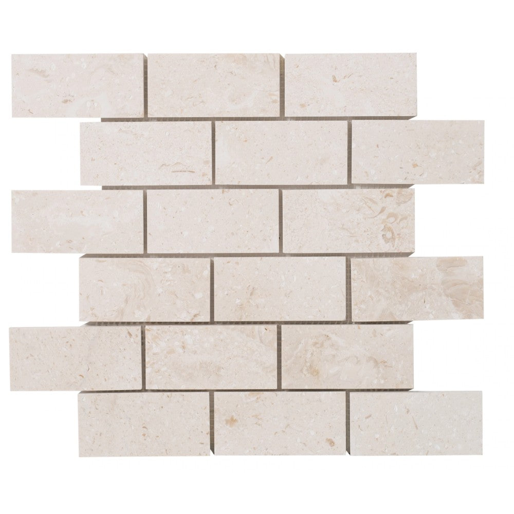 Shell Stone Limestone 2"x4" Brick Honed on 12" x 12" Mesh Mosaic Tile