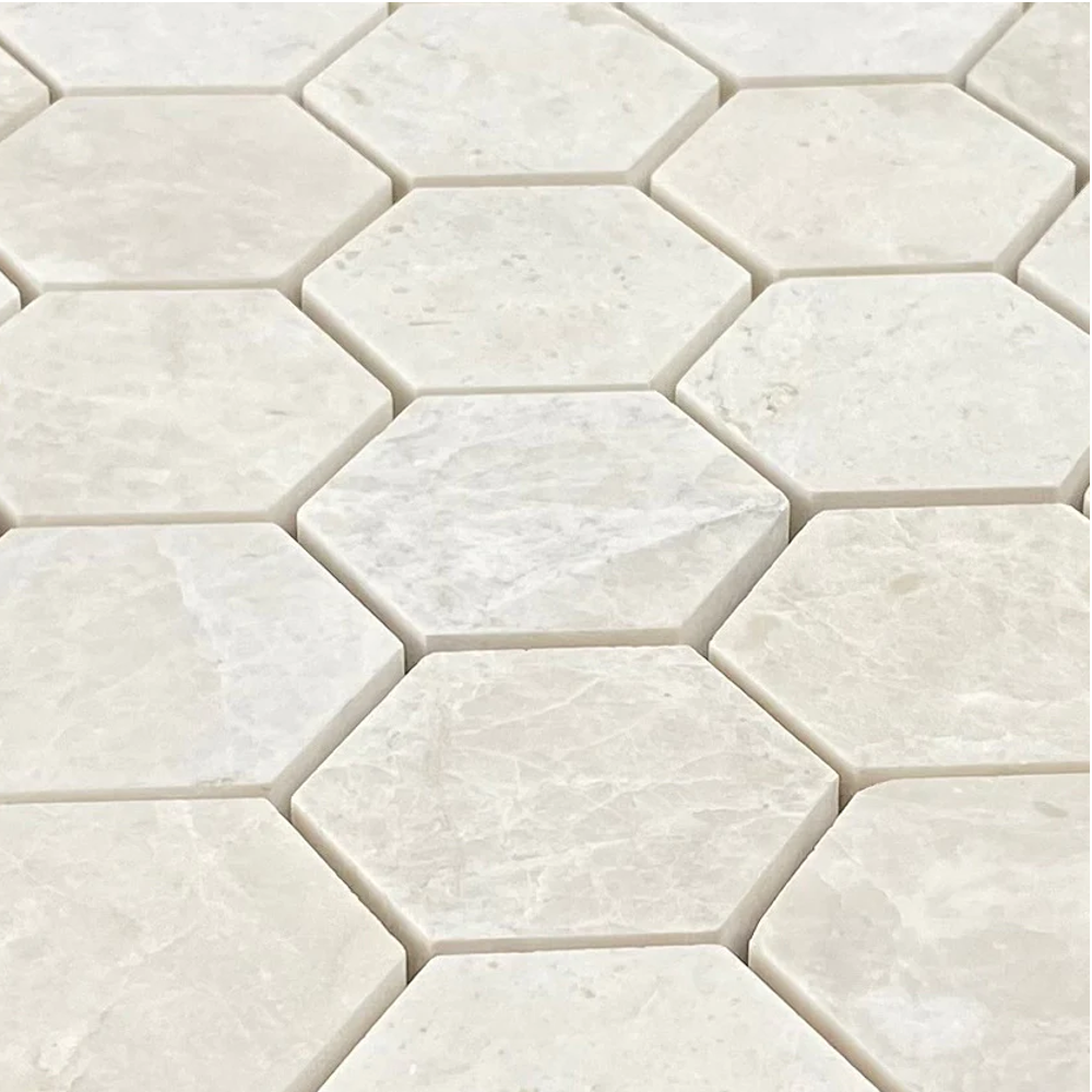 Vanilla Beige Marble 2" Hexagon on 12" x 12" Mesh Mosaic Tile