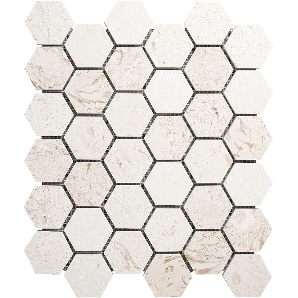 Shell Stone Limestone 2" Hexagon Honed on 12" x 12" Mesh Mosaic Tile