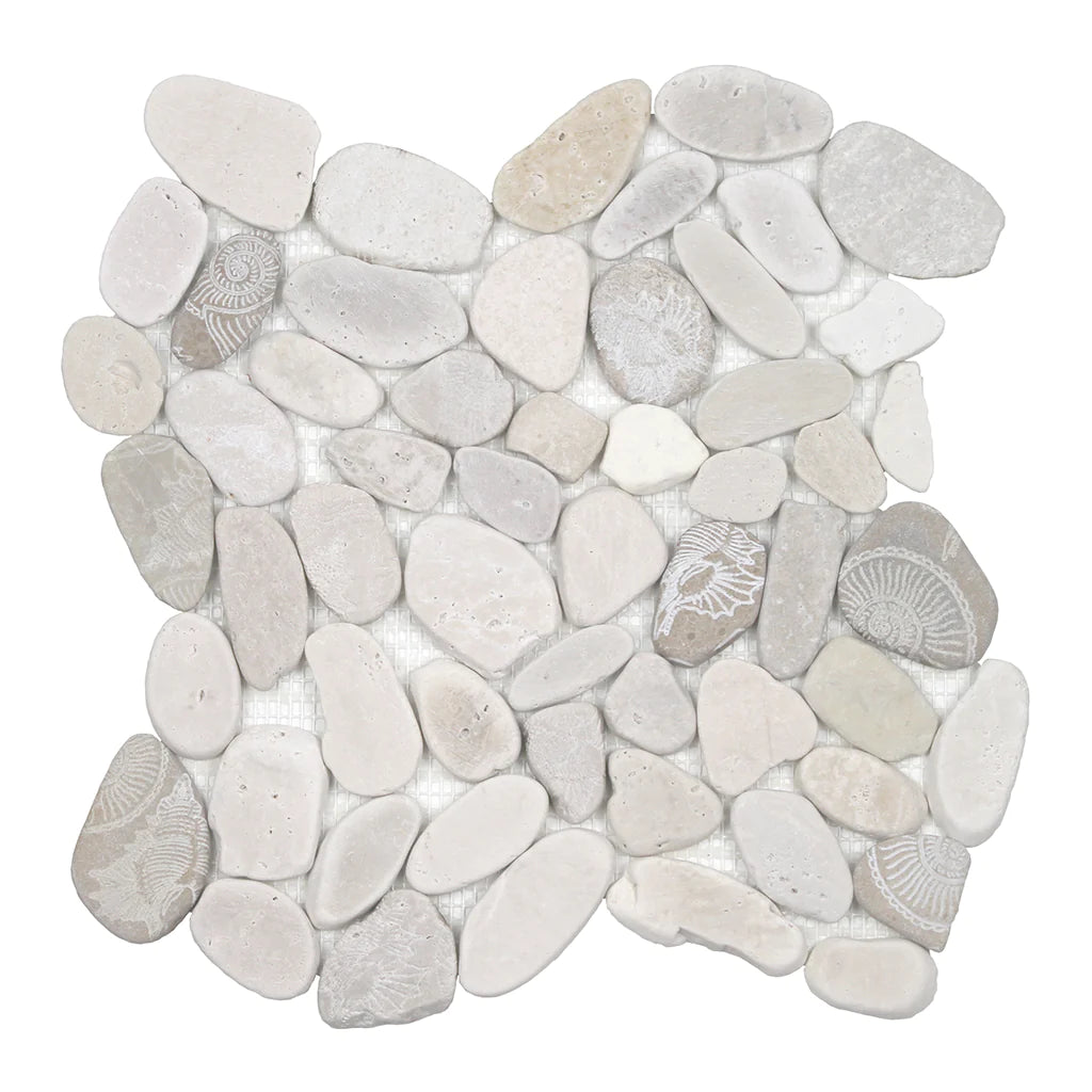 Aquatica Fossil Light Sliced Pebble Mosaic 12"x12" - Ocean Stones Sliced Collection
