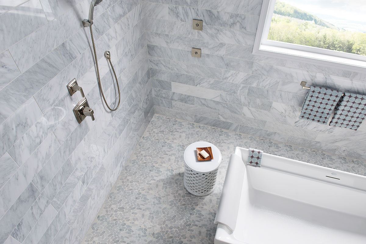 MSI Sliced Carrara White Pebbles Tumbled Marble Mosaic Tile 11.81"x11.81" - Rio Lago Collection