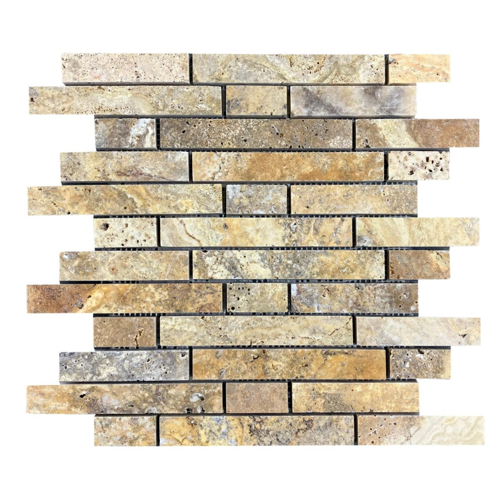 Scabos Travertine Strip Liner on 12" x 12" Mesh Mosaic Tile