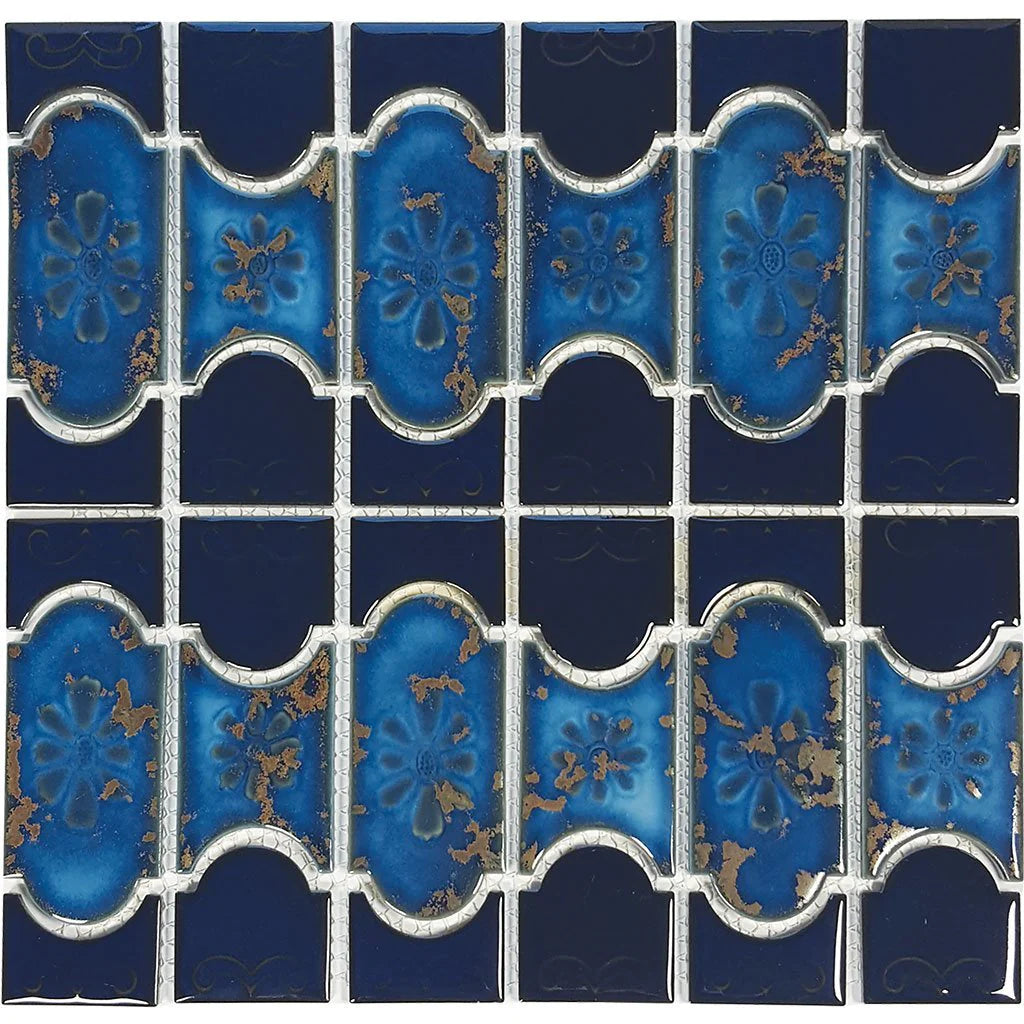 Aquatica Cobalt With Terra Porcelain Mosaic Tile 12"x12.5" - Botanical Collection