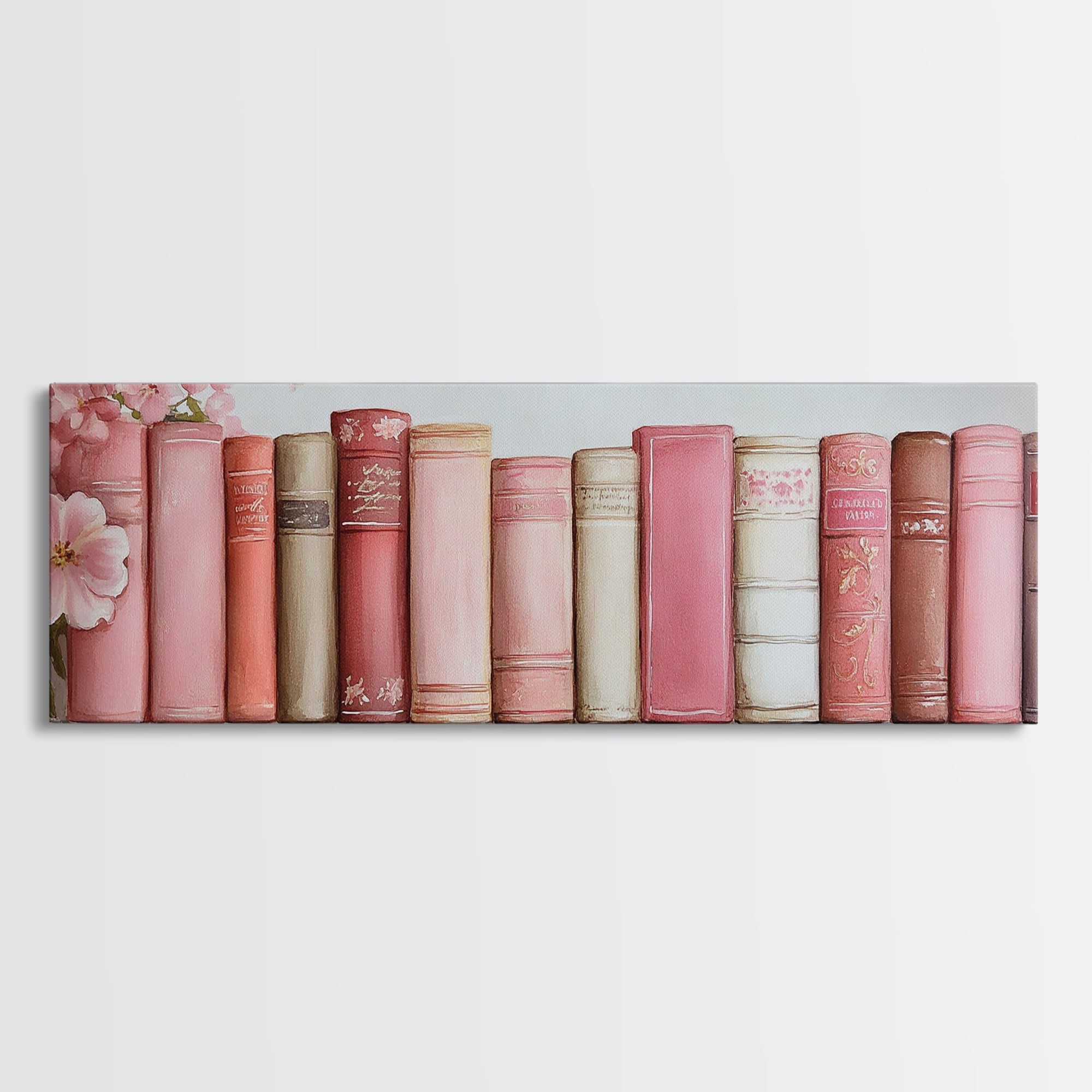 Vintage Pink Bookshelf Canvas Print, Cottagecore Wall Art, Rustic Home Decor, Light Pink Literary Art, Above Bed Art, Skinny Wall Art