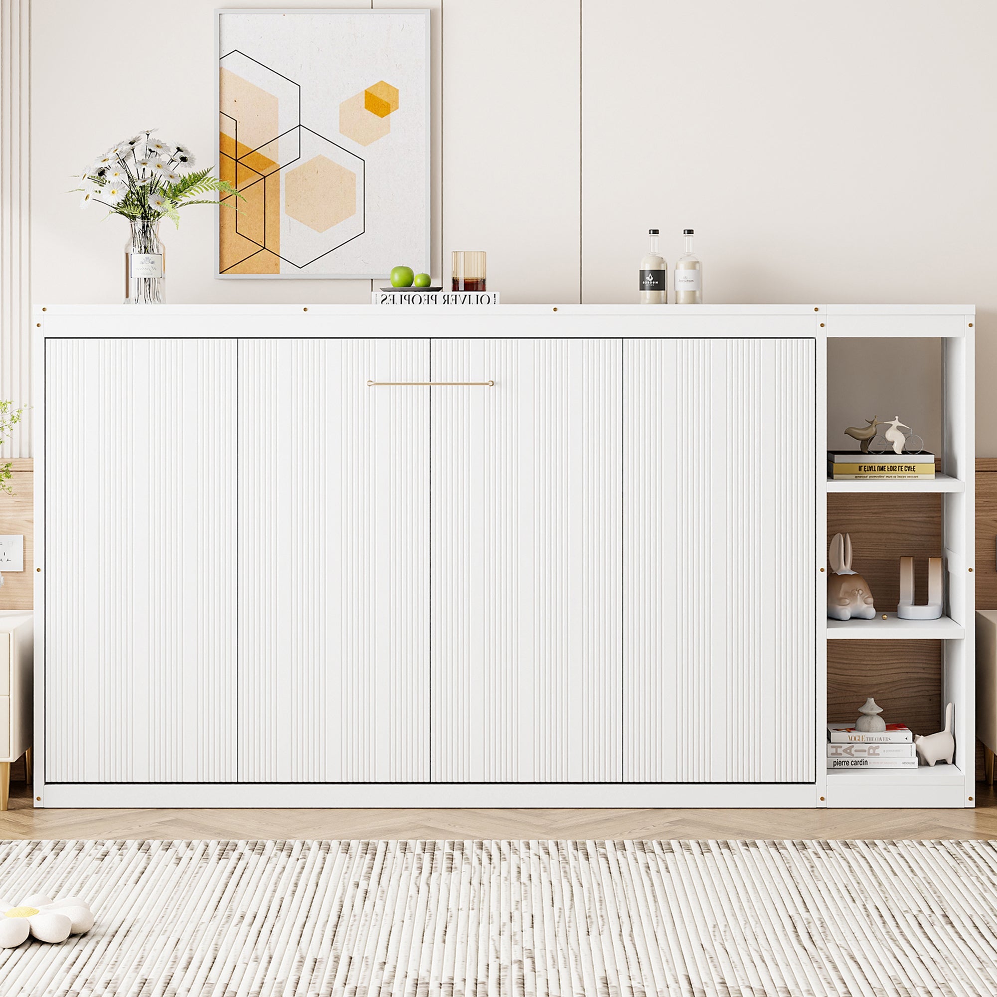 Twin Size Murphy Bed with Bookshelf, White
