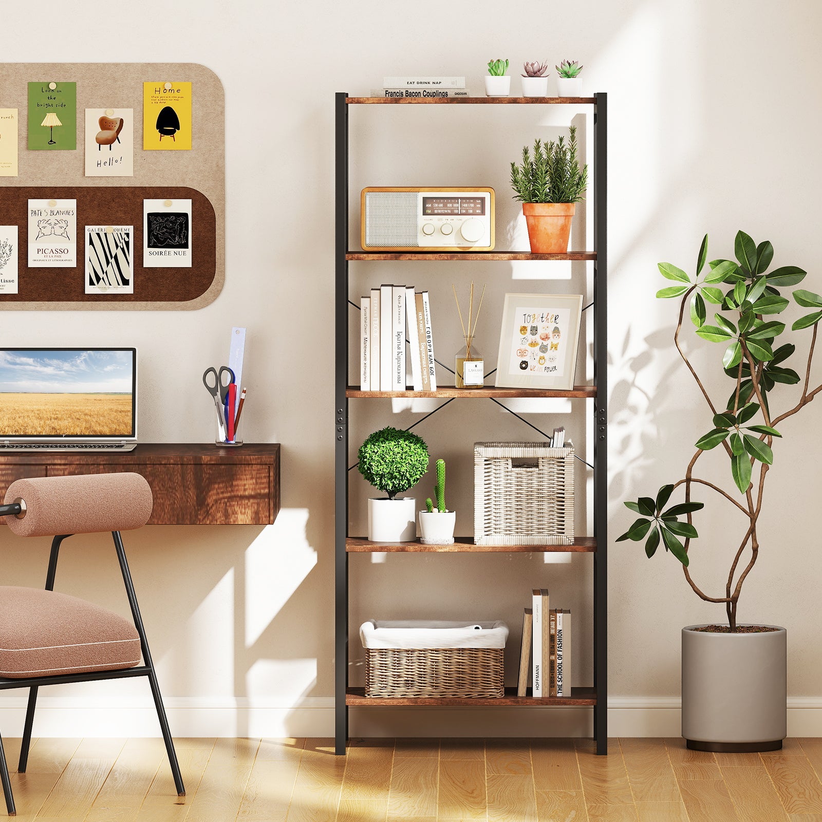 Multipurpose Open Bookcase Industrial Rack Wide Standing Storage Shelf-Brown