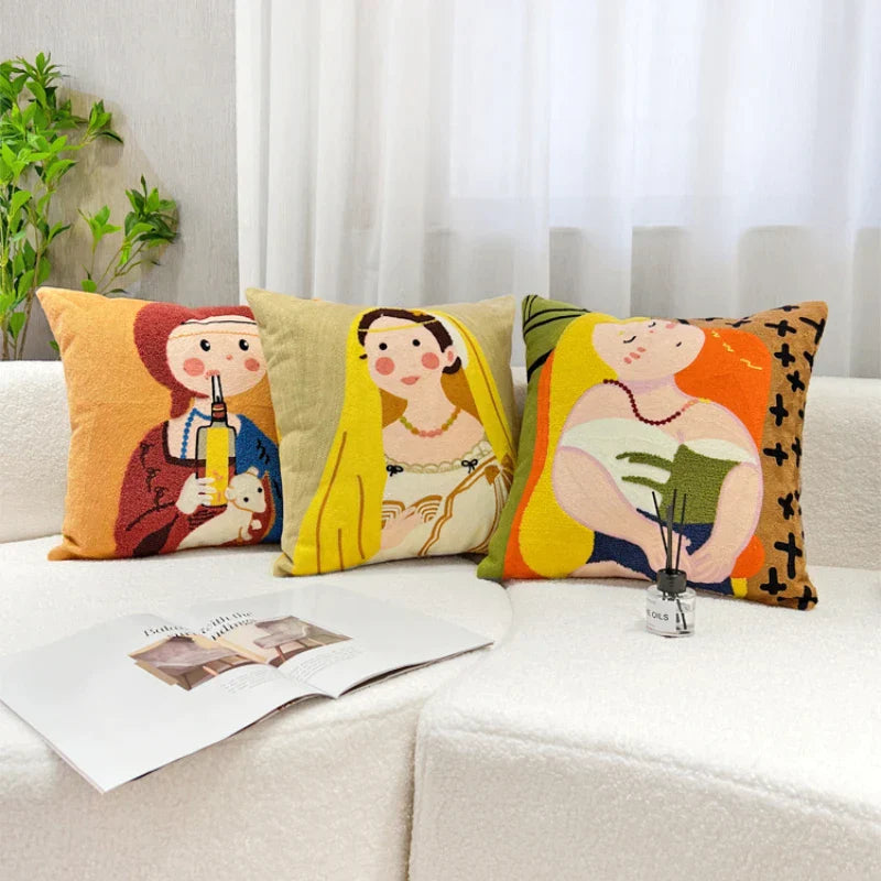 GobekUsa Cartoon Oil Painting Embroidery Throw Pillow for Office Chair and Living Room