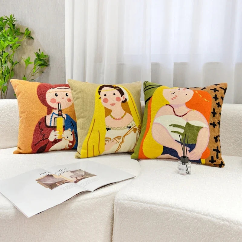 GobekUsa Cartoon Oil Painting Embroidery Throw Pillow for Office Chair, Living Room, Bedroom