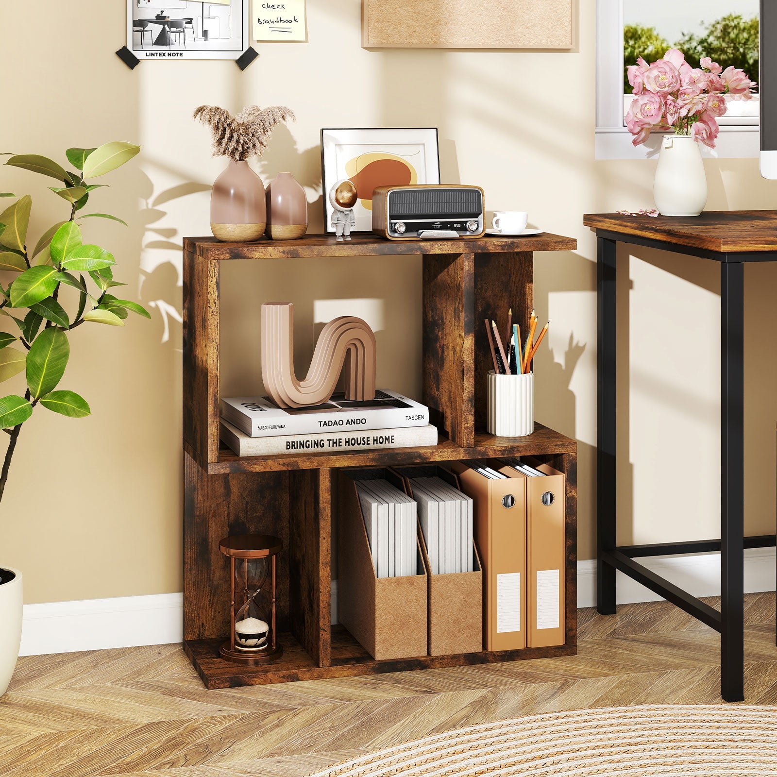 3-Tier Bookshelf with Display Shelf for Small Space-Rustic Brown