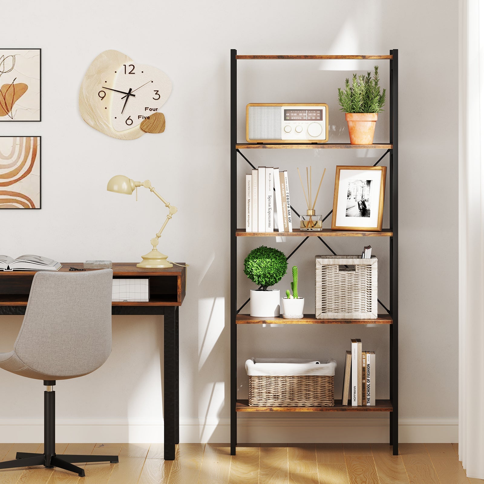 5-Tier Bookshelf with Open Shelves and Heavy Duty Metal Frame-Rustic Brown