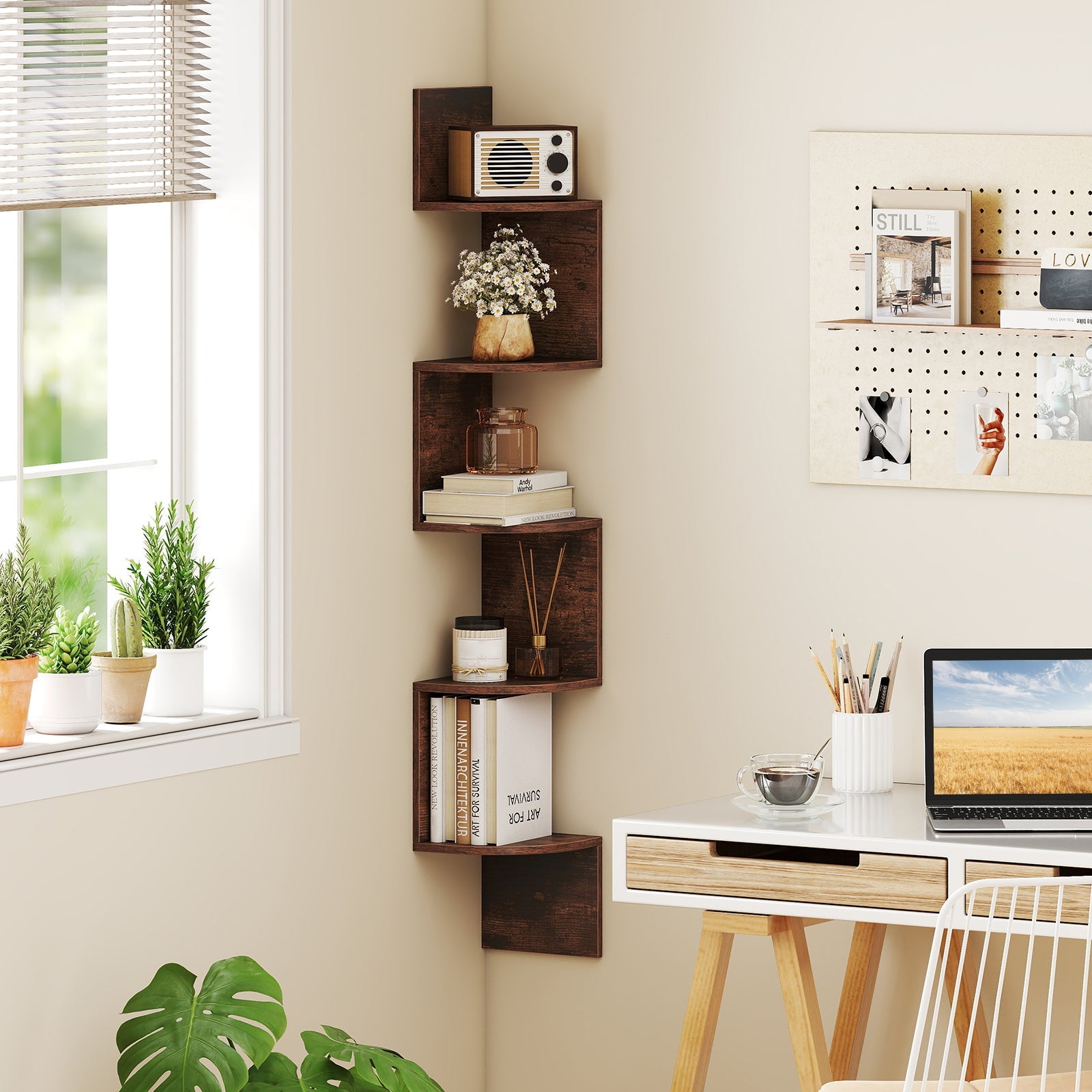 5-Tier Corner Shelf Floating Bookshelf Wall Mounted Storage Organizer-Rustic Brown