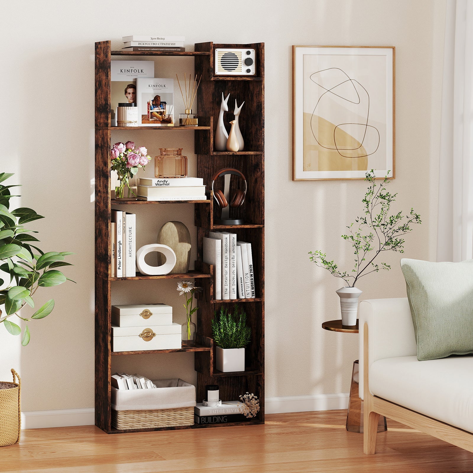 6-Tier Bookshelf Wooden Bookcase with 2 Anti-Tipping Kits Open Display Shelf-Rustic Brown
