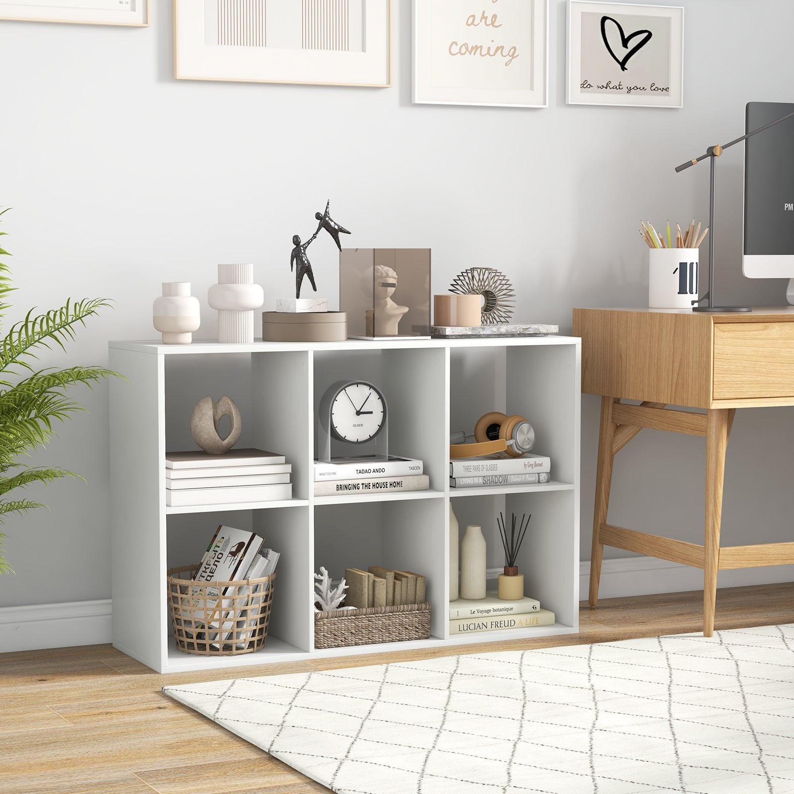 6 Cube Bookshelf with Back Guardrail for Living Room Bedroom-White
