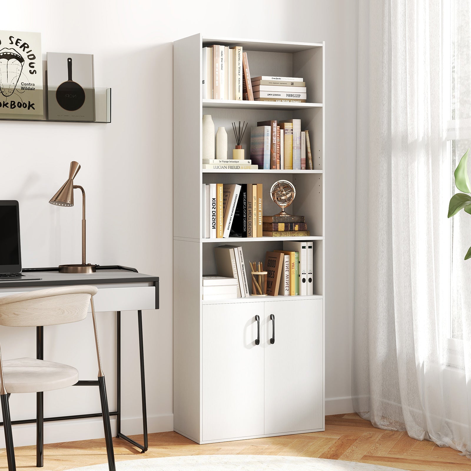 70 Inch Bookcase 6-Tier with Adjustable Shelves and 2-Door Cabinet-White