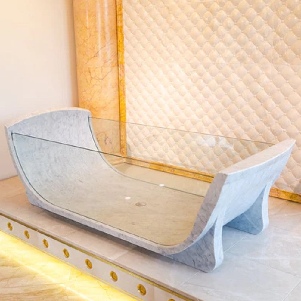 Carrara White Marble Bathtub Strong Tempered Glass Side Walls Polished (W)32" (L)79" (H)24"