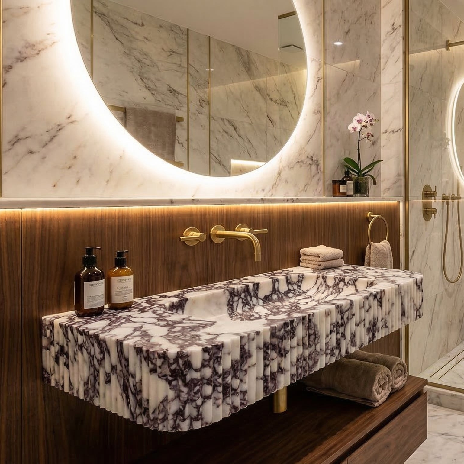 Calacatta Viola Marble Wall-mount Bathroom Vanity Ribbed Textured Front (W)18" (L)32" (H)6"