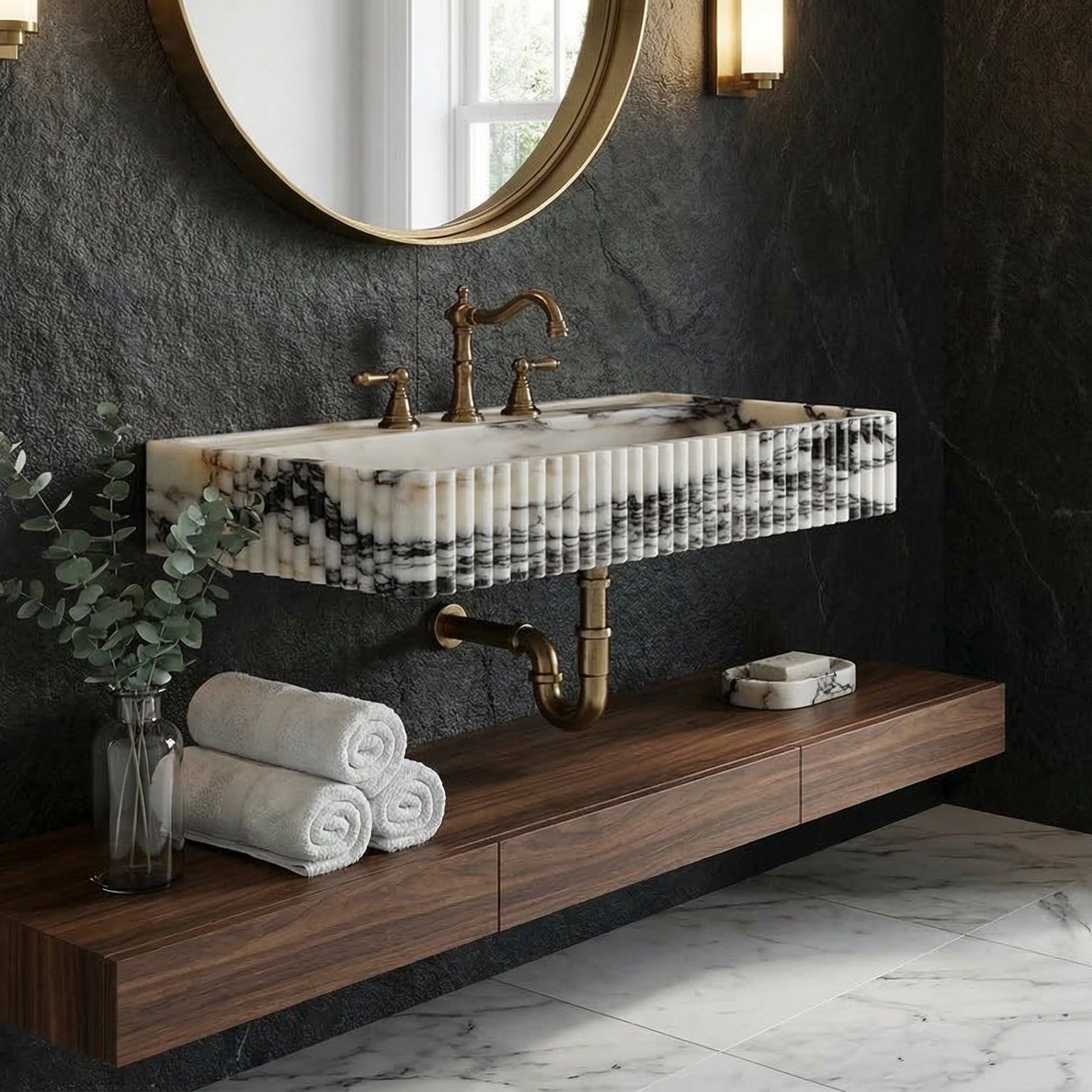 Calacatta Viola Marble Wall-Mount Rectangular Fluted Bathroom Sink