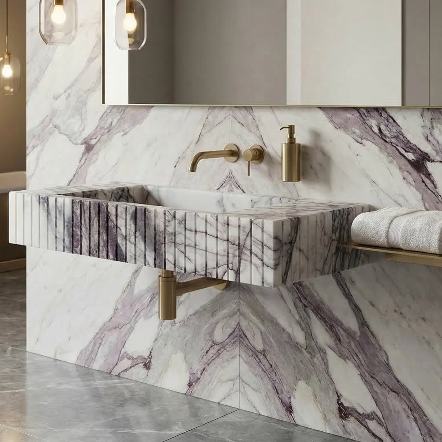 New York Marble Wall-mount Bathroom Sink Fluted (W)12" (L)20" (H)5"