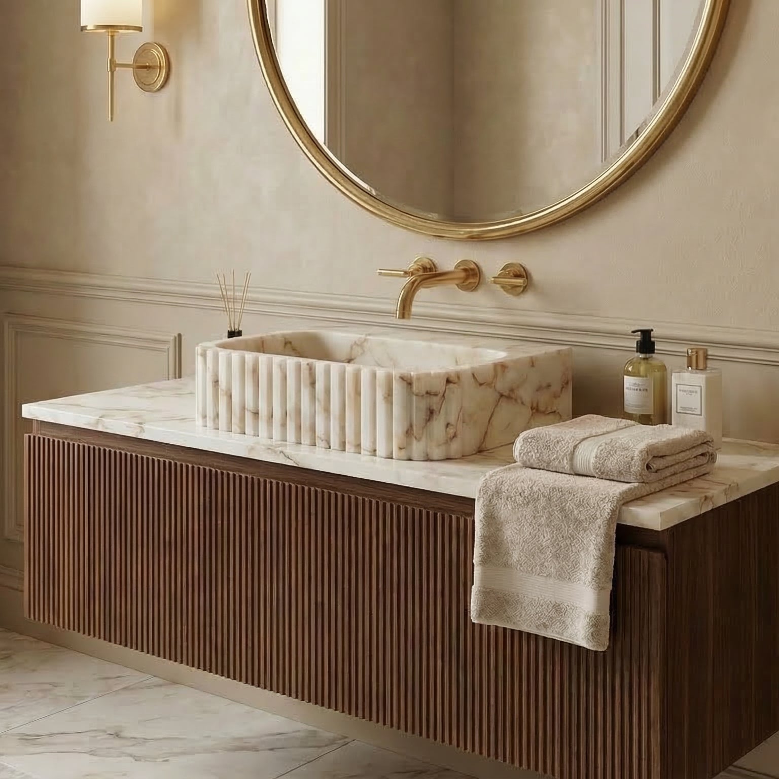 Calacatta Gold Marble Wall-mount Bathroom Vanity Sink Fluted (W)16" (L)20" (H)6"