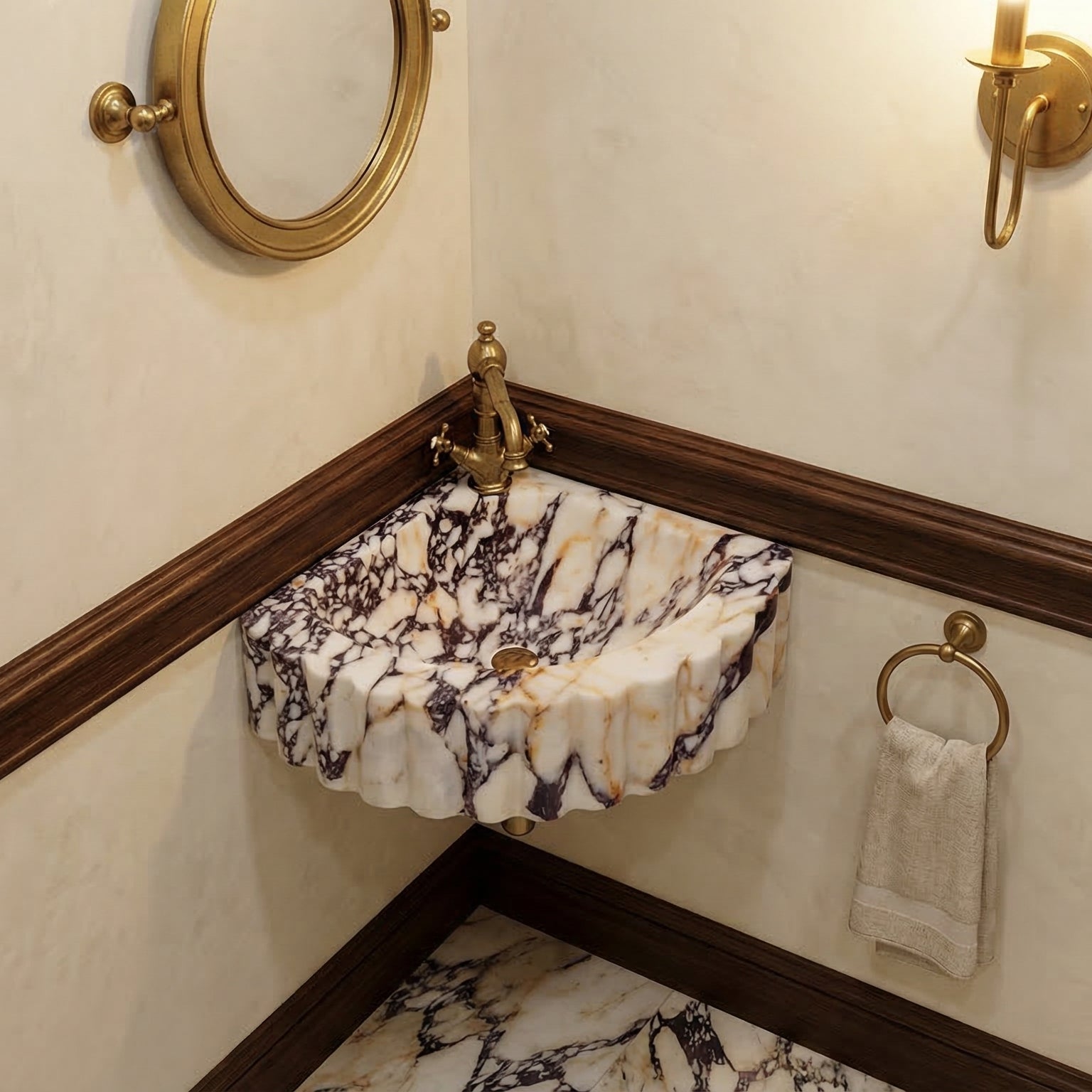 Calacatta Viola Marble Wall-mount Bathroom Corner Vanity Sink Ribbed (W)20" (L)20" (H)7"
