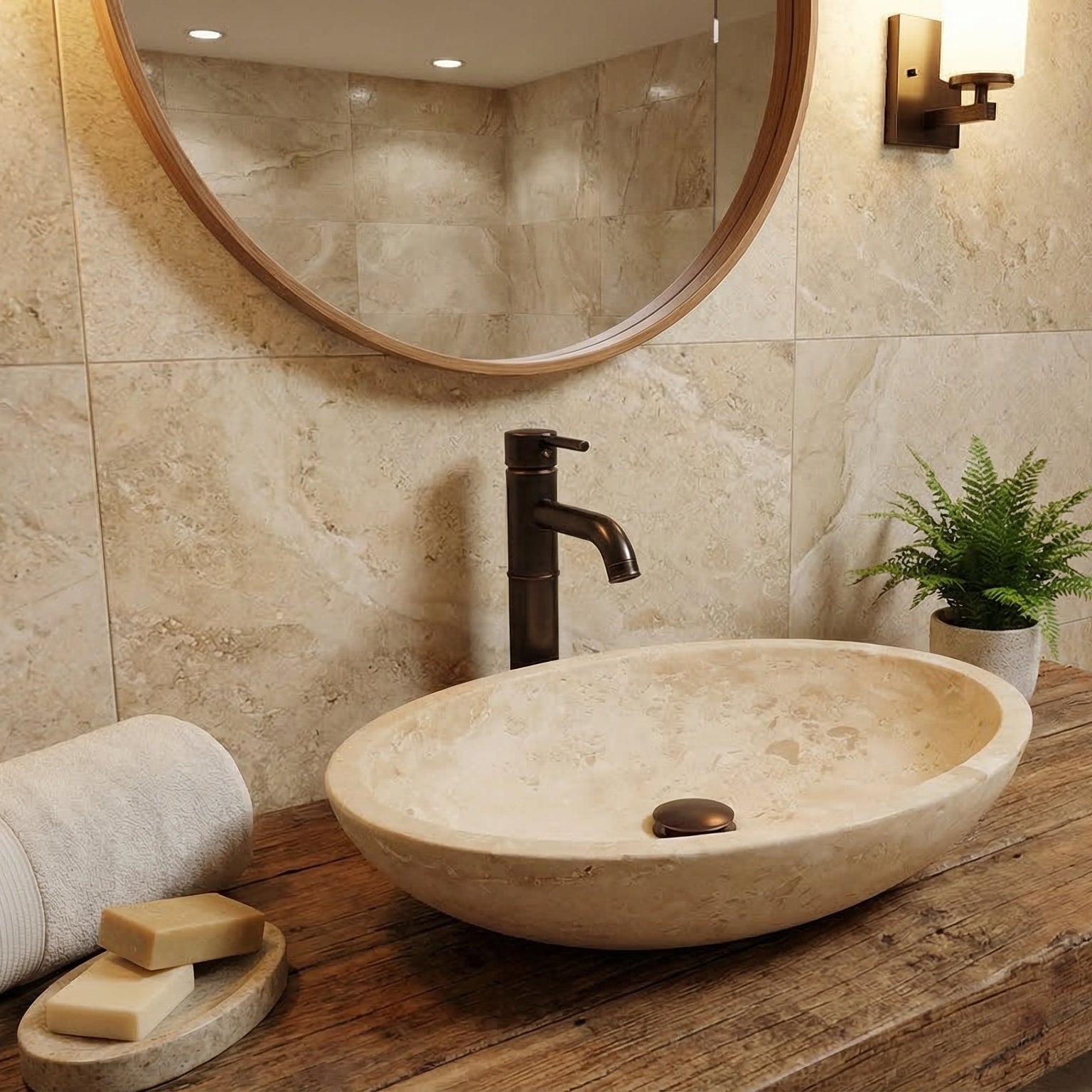Troia Light Travertine Natural Stone Oval Vessel Sink (W)16" (L)21" (H)6"