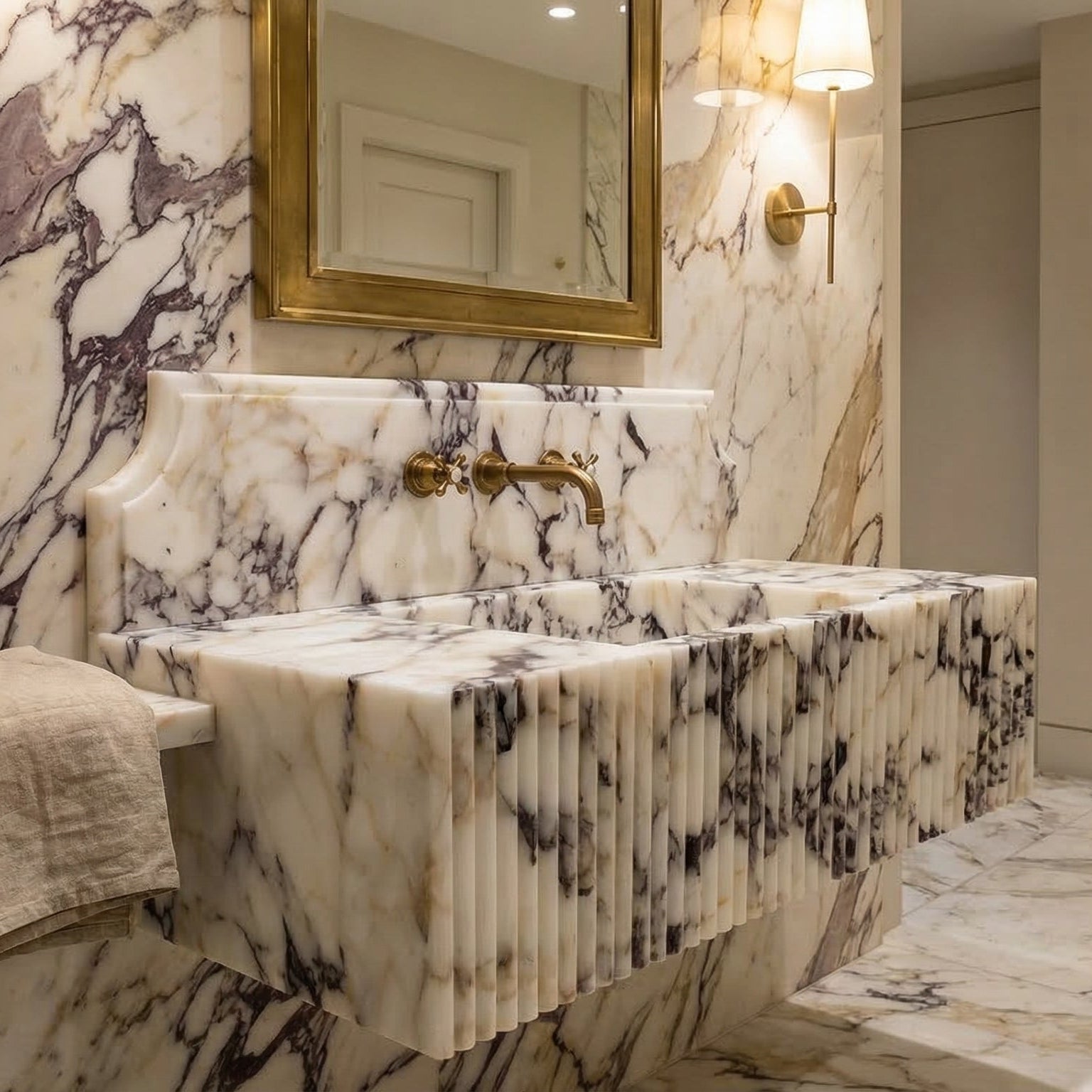 Calacatta Viola Marble Wall-mount Bathroom Vanity Sink Fluted Front (W)21" (L)37" (H)12"