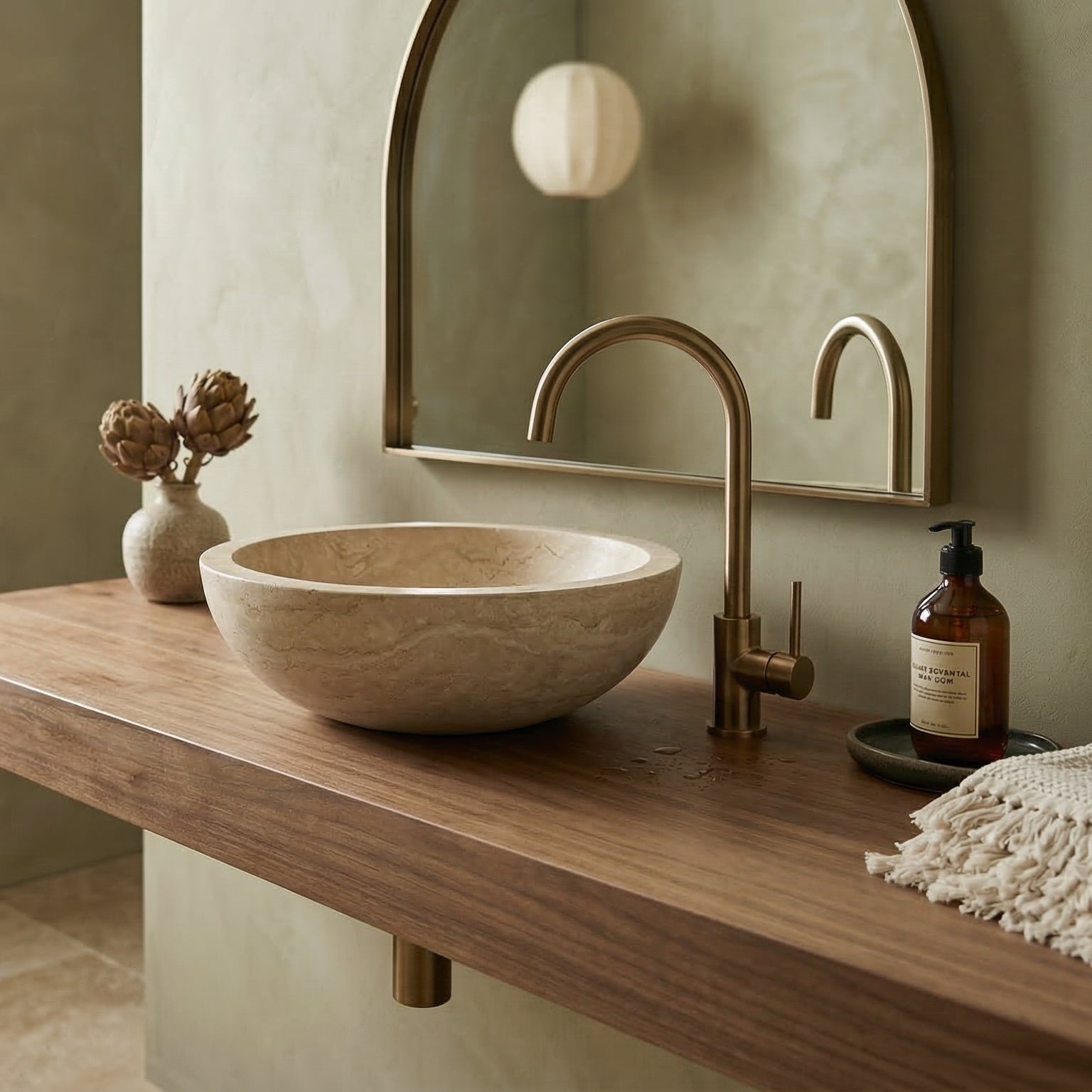 Beige Travertine Natural Stone Vessel Sink Honed and Filled  (D)16" (H)6"