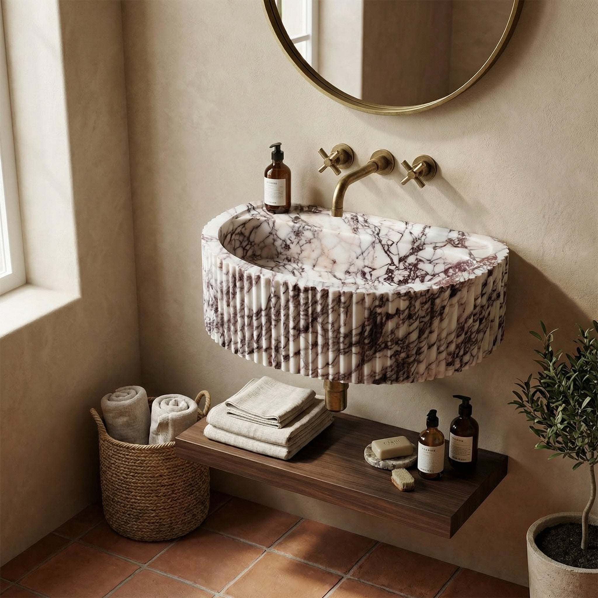 Calacatta Viola Marble Wall-Mount Fluted Half-Round Bathroom Sink (W)16" (L)24" (H)8"