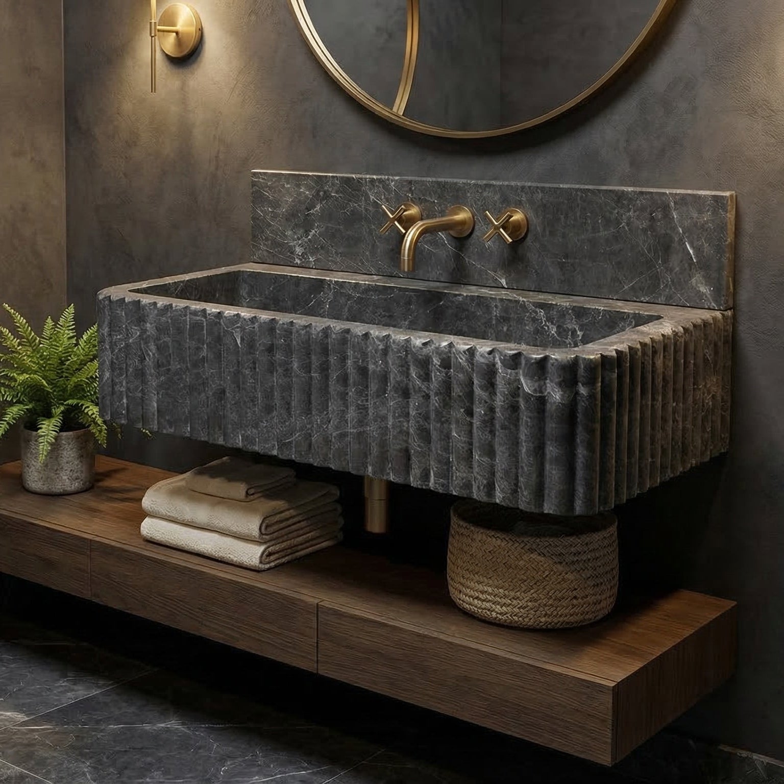 Sirius Black Marble Wall-mount Bathroom Sink Ribbed with 4" Backsplash