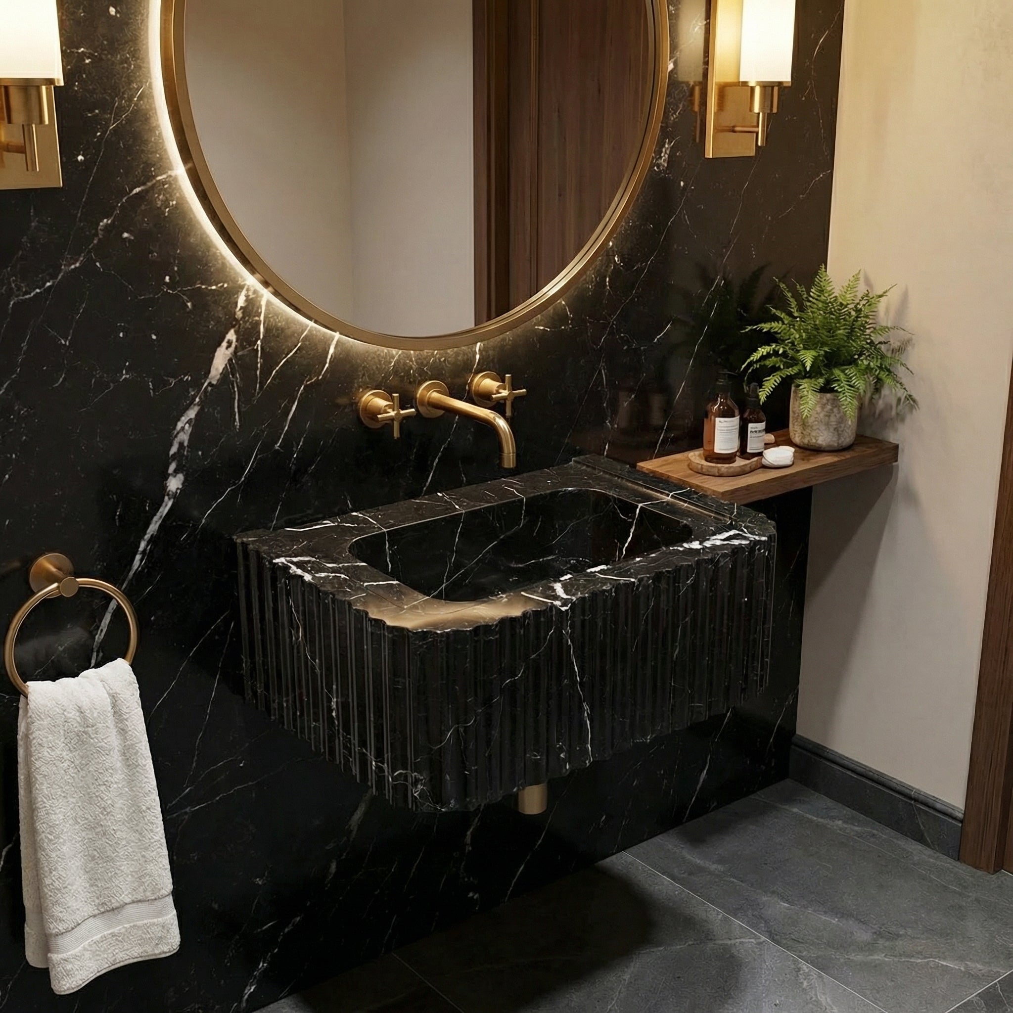 Toros Black Marble Rectangular Wall-mount Polished Sink (W)12" (L)19" (H)7"