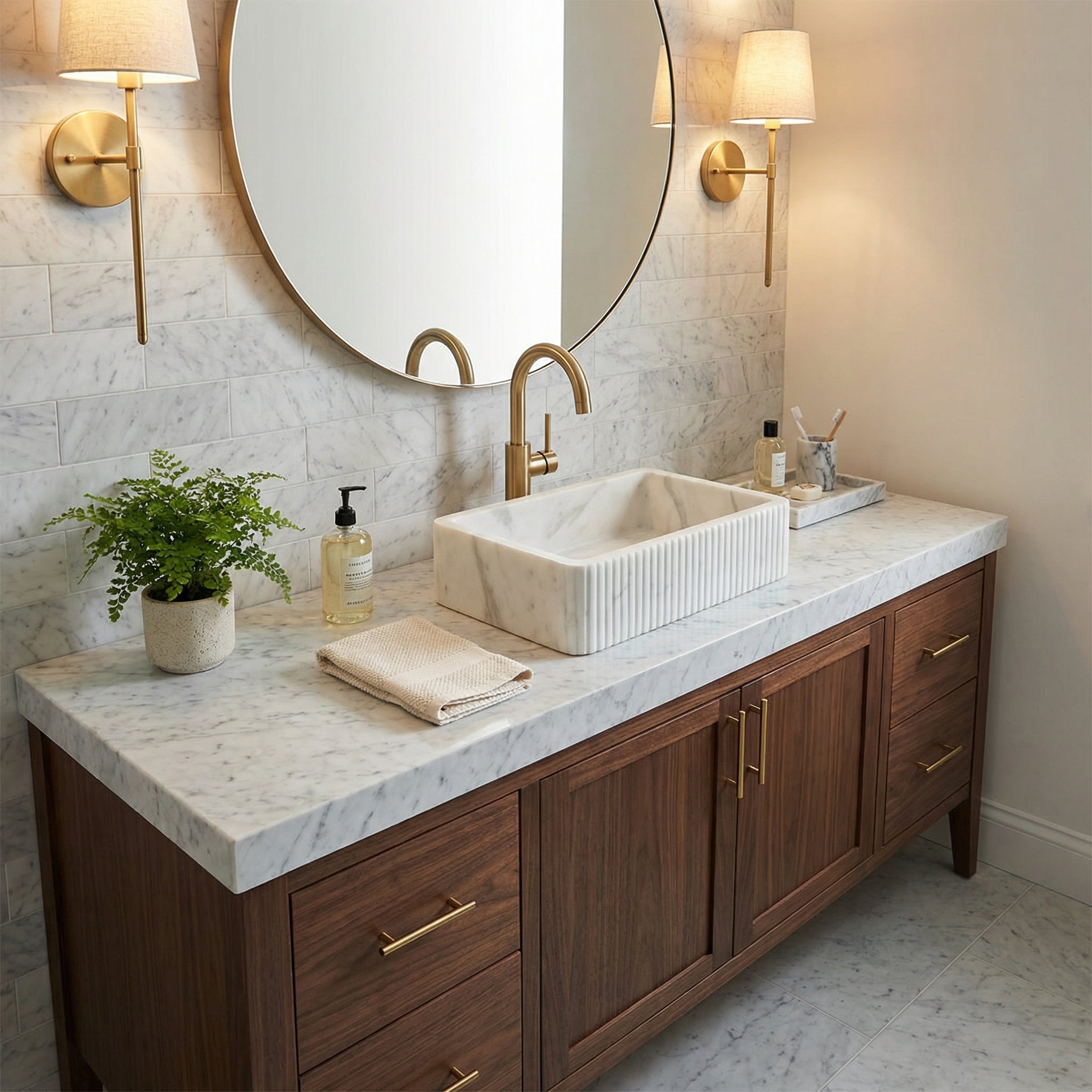 Carrara White Marble Wall-mount Bathroom Sink Ribbed Textured (W)16" (W)24" (H)6"