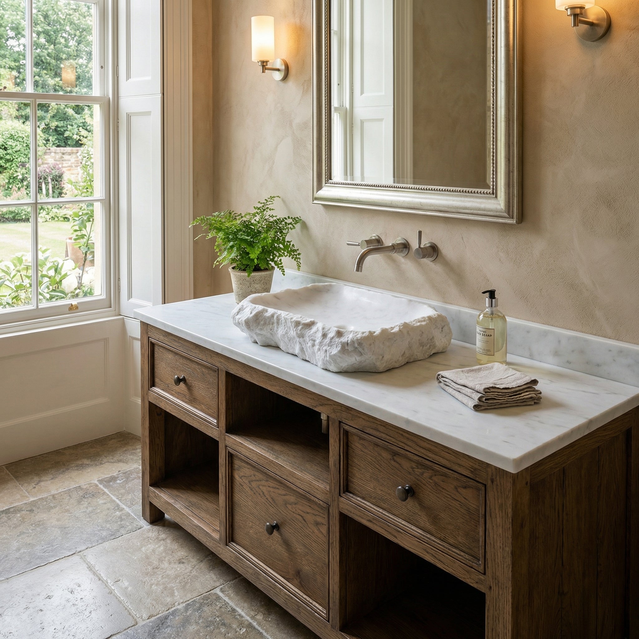Carrara Marble Rustic Natural Stone Vessel Sink Polished Interior Hand Chiseled Exterior (W)16" (L)22" (H)5"