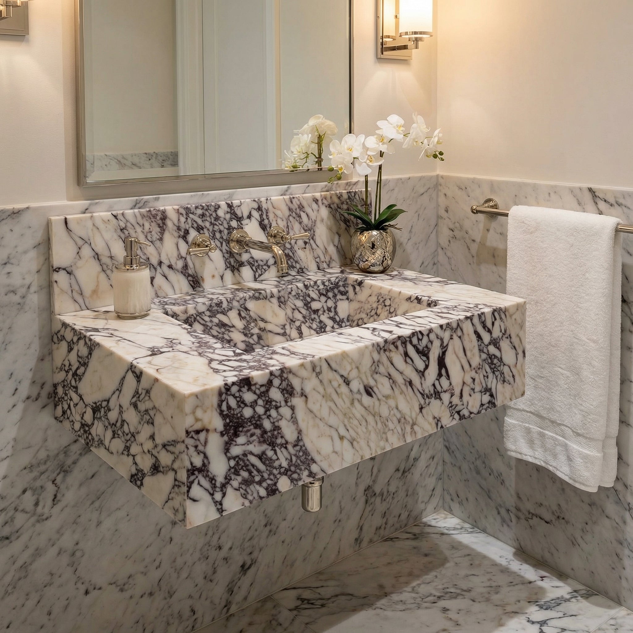 Calacatta Viola Marble Rectangular Wall-mount Bathroom Sink with 8" Backsplash (W)21" (L)34" (H)10"