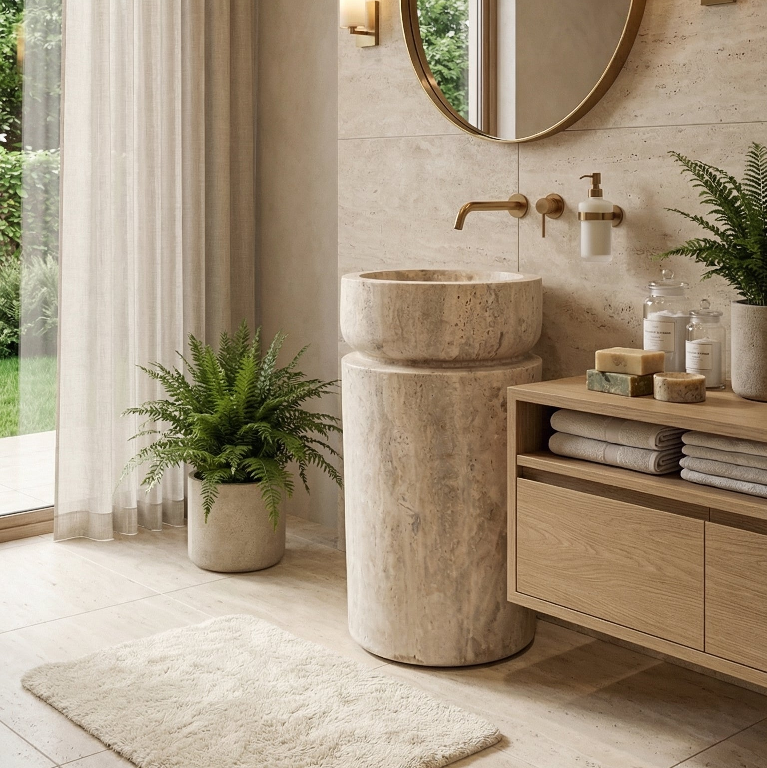 Troia Light Travertine Designer Pedestal Stand-Alone Sink (W)18" (L)18" (H)33"