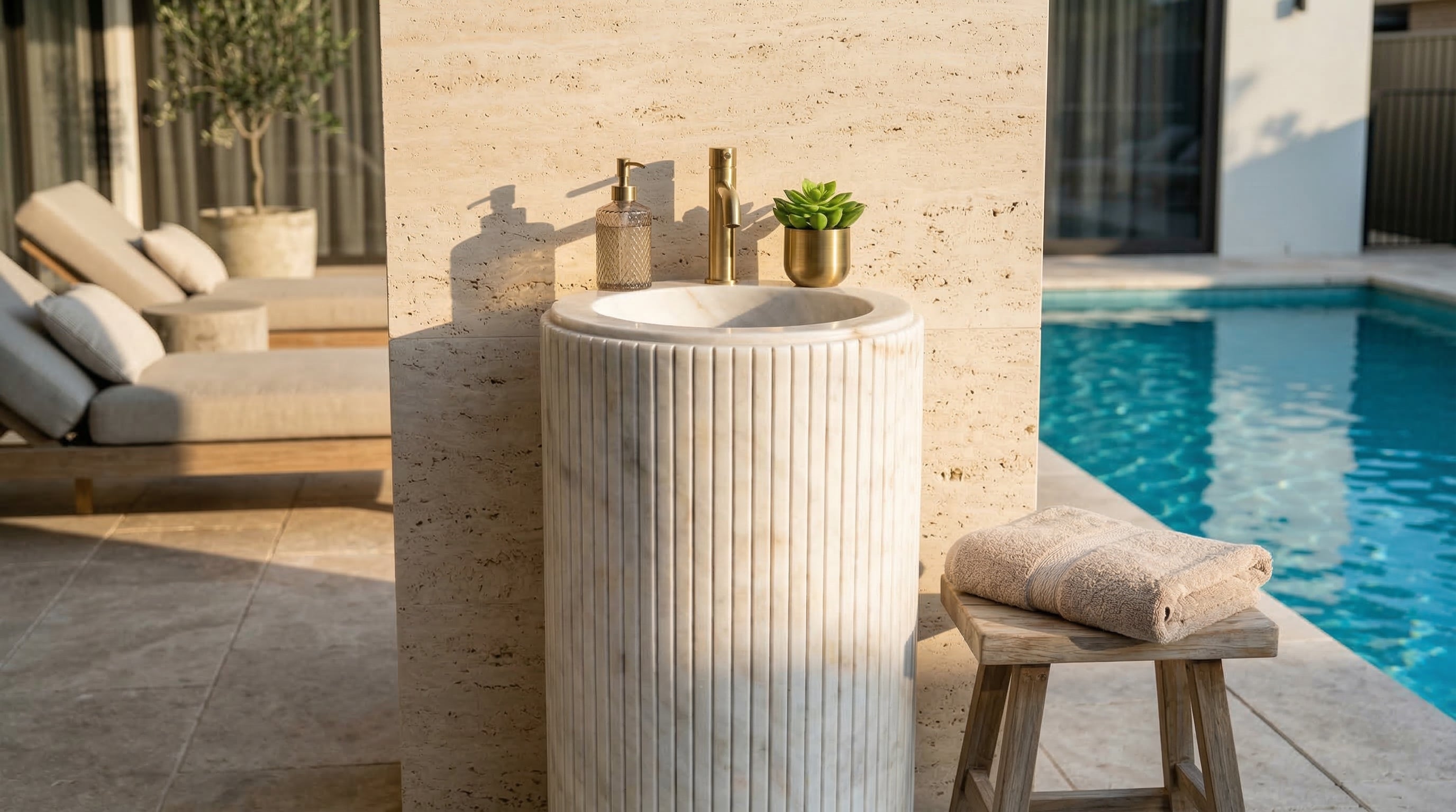 Carrara White Marble Designer Pedestal Stand-Alone Fluted Sink (W)18" (L)18" (H)33"