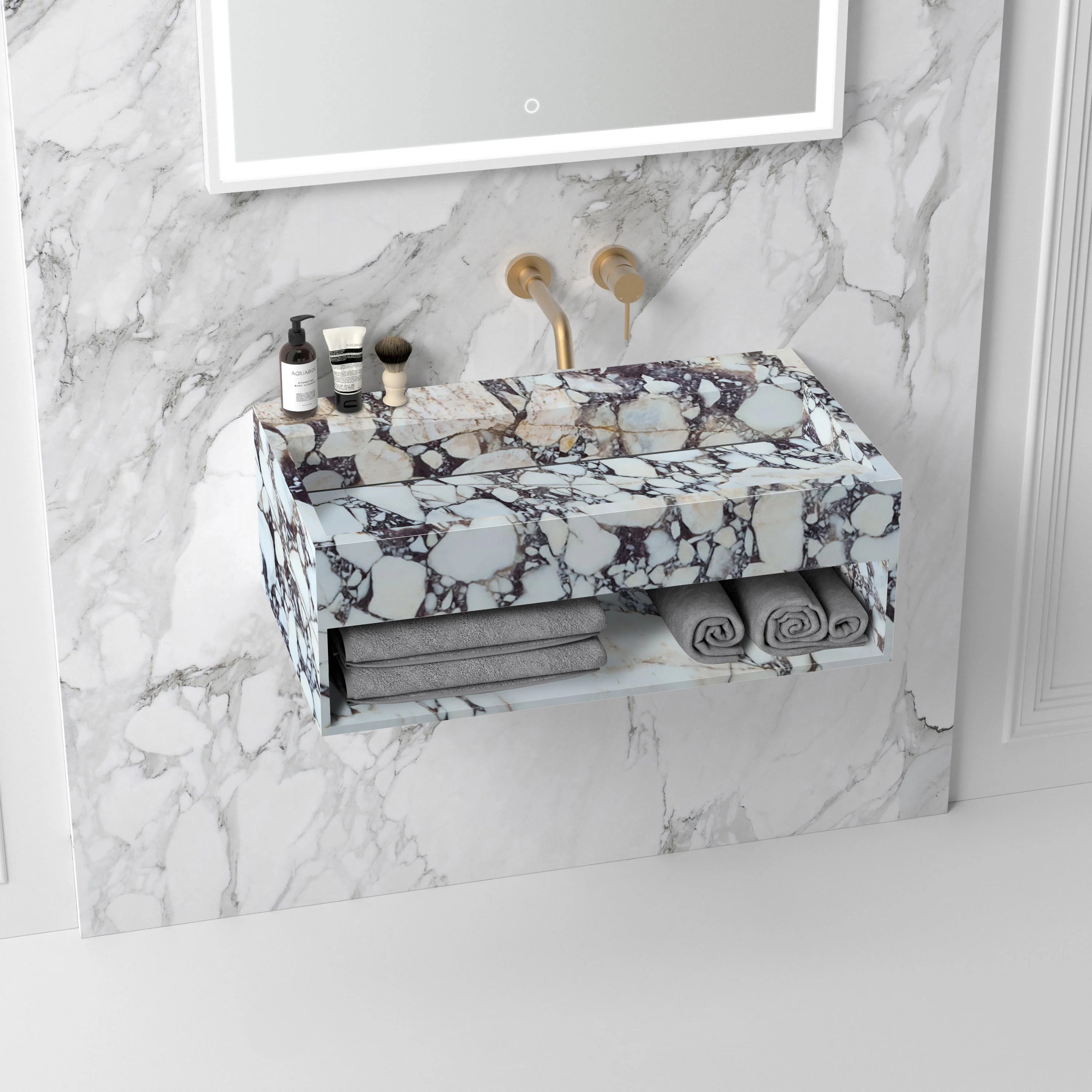 Calacatta Viola Marble Wall-mount Bathroom Sink Hidden Drain with Storage (W)18" (L)40" (H)12"