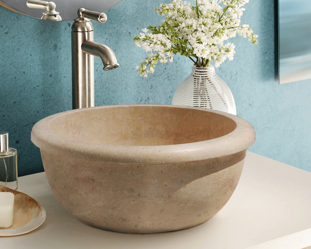 Natural Stone Light Travertine Vessel Sink (D)14" (H)6"