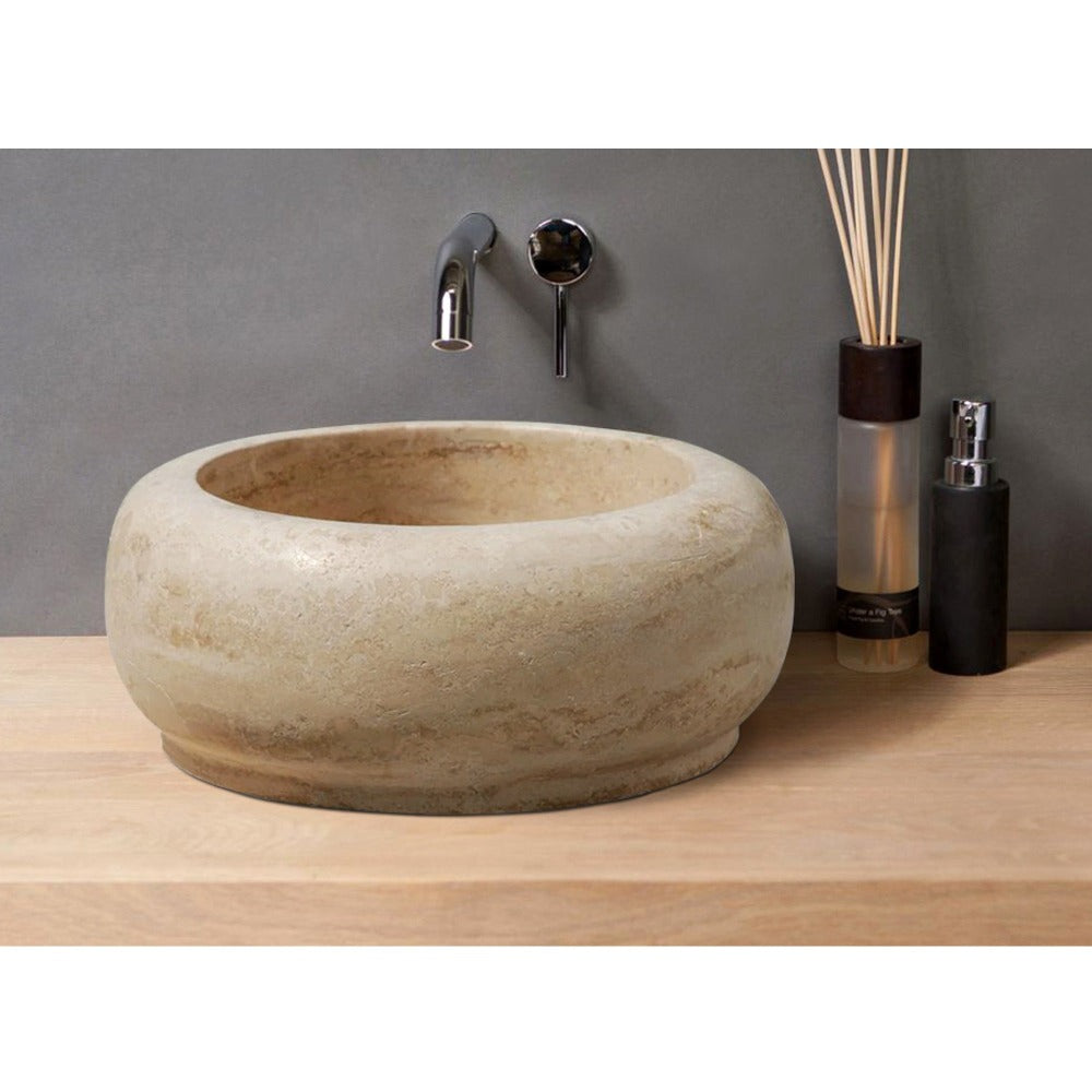 Natural Stone Round Light Travertine Vessel Sink (D)18" (H)7"