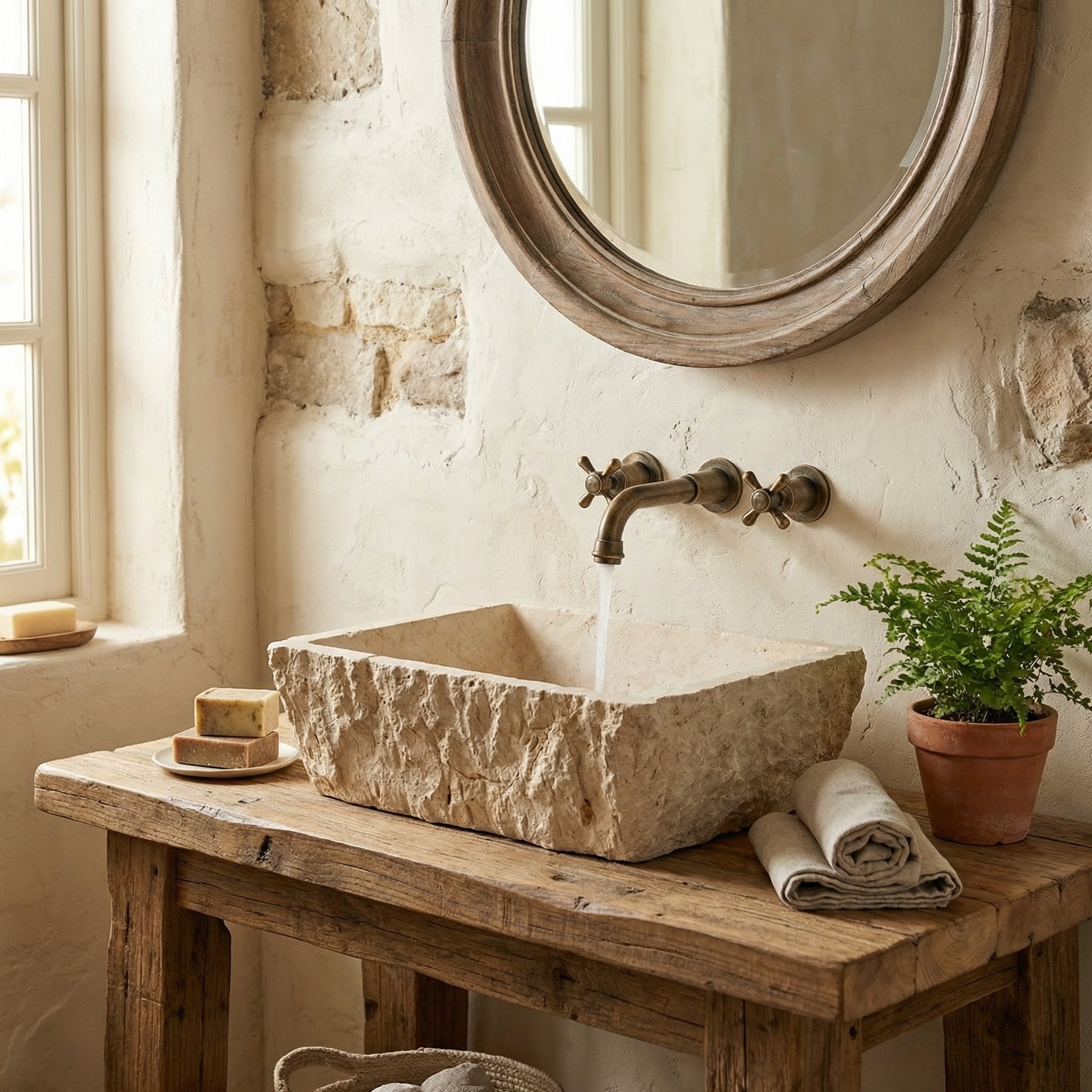 Troia Light Rustic Natural Stone Vessel Sink Honed Interior Hand Chiseled Exterior (W)12" (L)17" (H)6"
