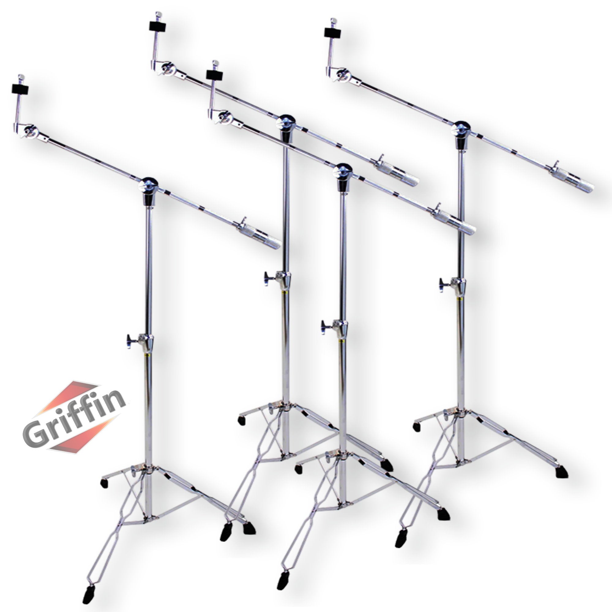 Cymbal Boom Stands (4 PACK) by GRIFFIN - Chrome Drum Kit Hardware Set with Double-Braced Tripod Legs - Counterweight Adapter for Mounting Heavy-Duty Crash, Ride & Splash Cymbals Cymbals
