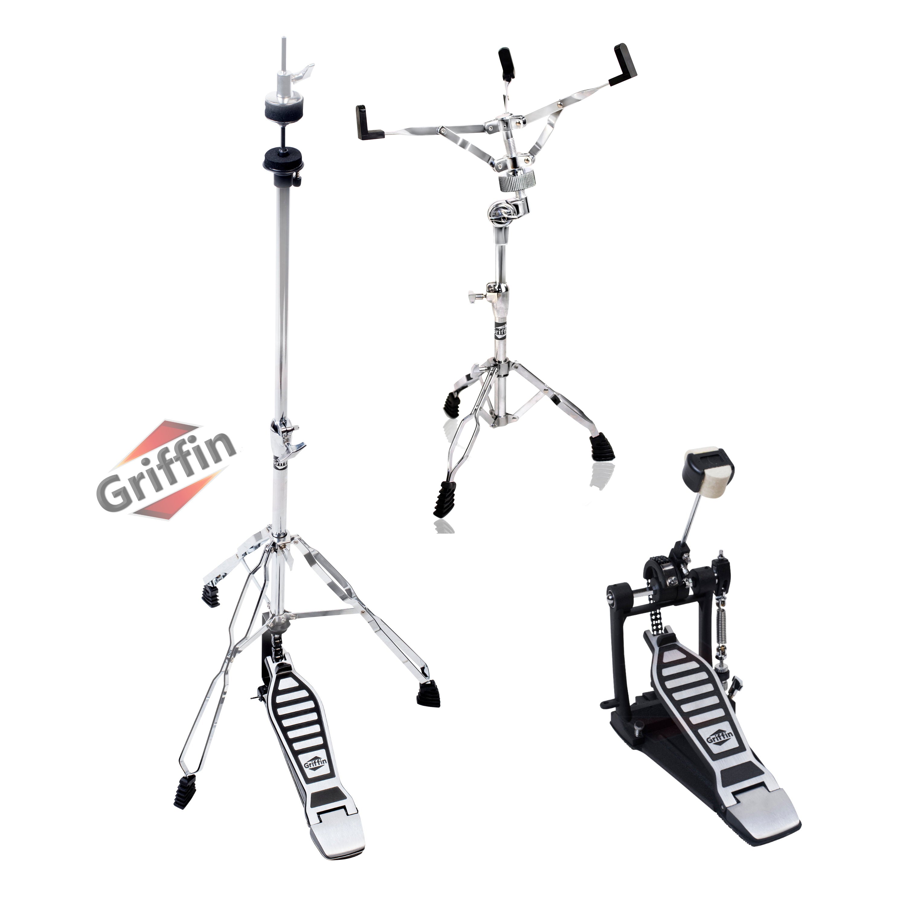 Hi-Hat Stand, Kick Drum Pedal & Snare Stand Hardware Kit (3-Piece Kit) by GRIFFIN - Deluxe Full-Size Percussion Chrome Set with Double-Braced Legs - Lightweight, Portable & Mobile, Perfect for Drummer