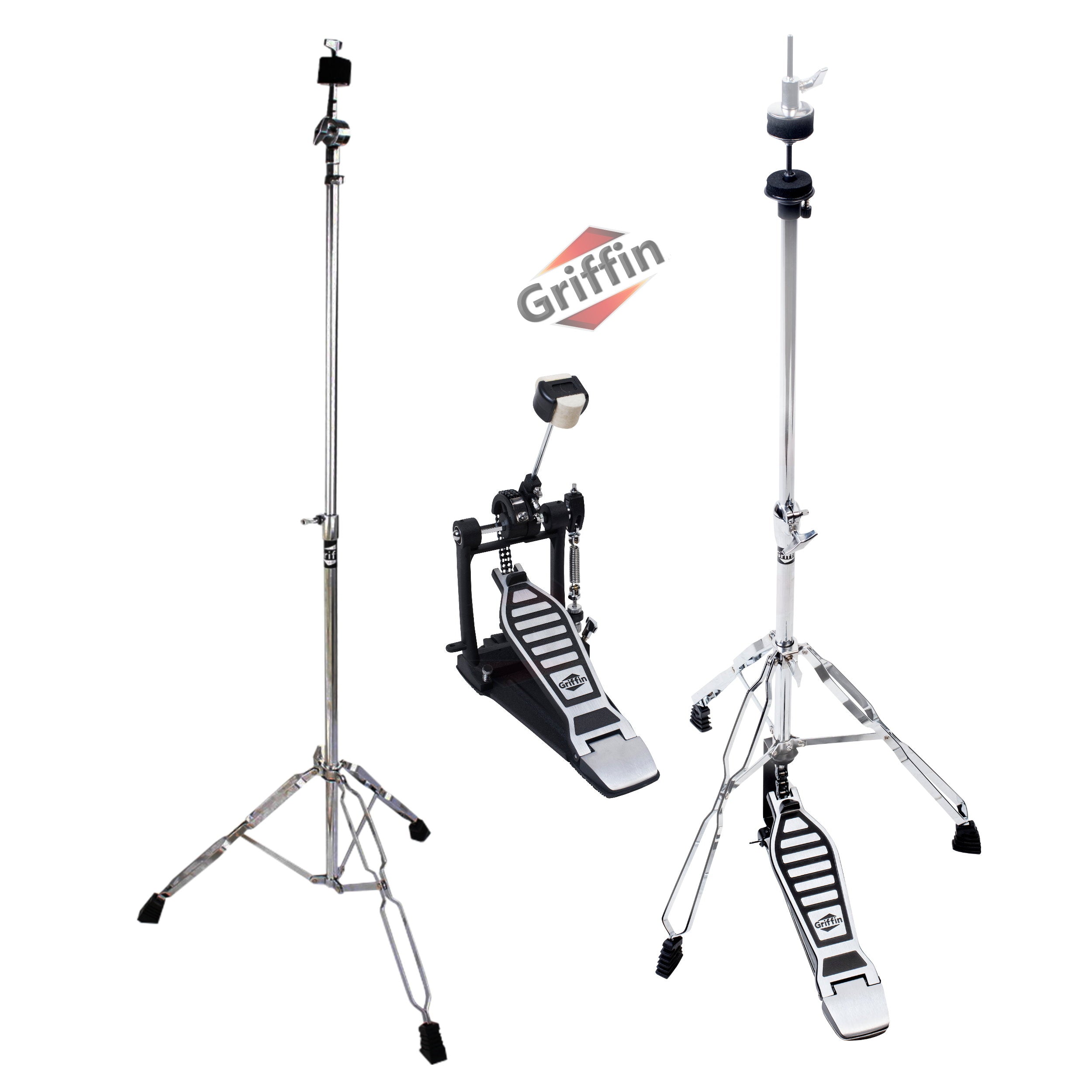 Hi-Hat Stand, Kick Drum Pedal & Straight Cymbal Stand Kit (3 Piece Set) by GRIFFIN - Deluxe Full-Size Percussion Chrome Hardware Set, Lightweight & Portable for Drummer Gigs
