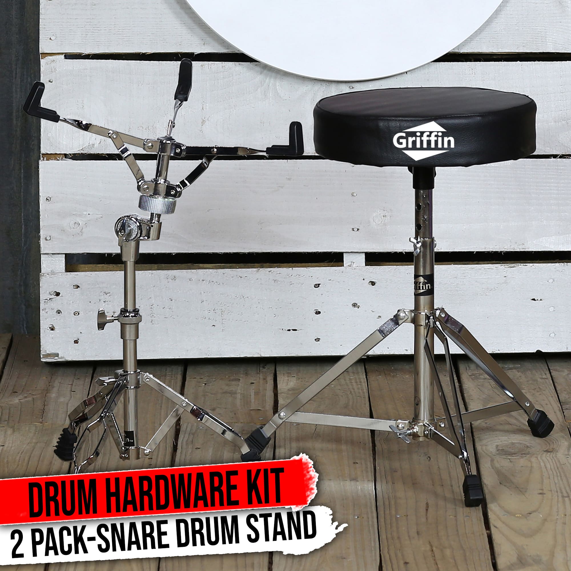 Snare Stand & Drum Throne 2-PACK Set by GRIFFIN | Percussion Chrome Hardware Kit & Double Braced Light-Weight Mount for Standard Snares, Tom-Toms & Practice Pad | Slip-Proof Gear Tilter & Clamp Holder