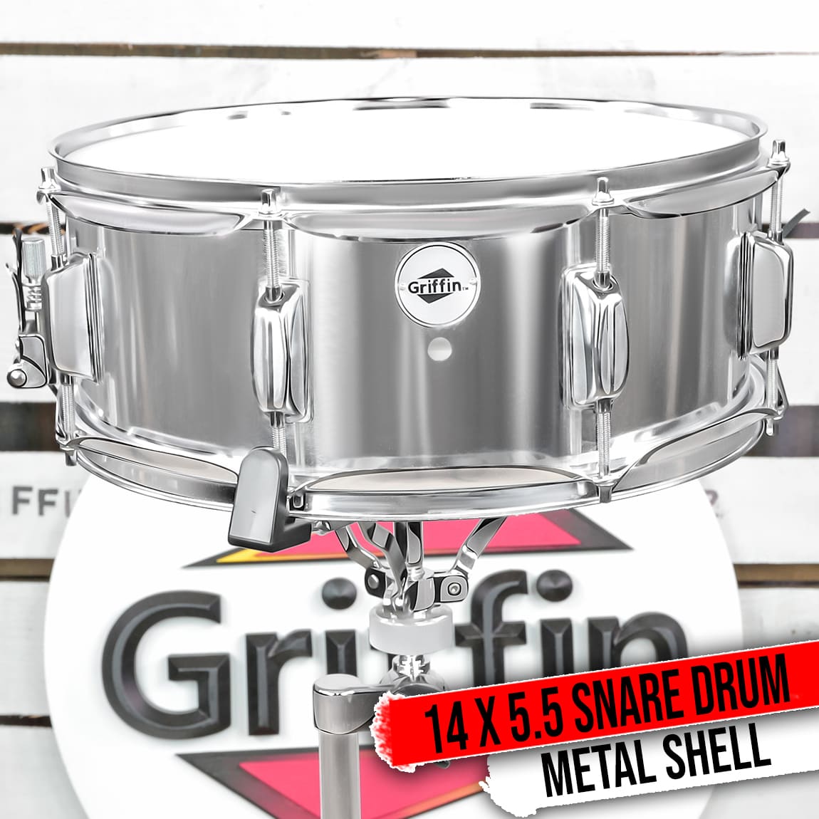Metal Snare Drum by GRIFFIN | 14" x 5.5" inch Steel Chrome Shell | 8 Tuning Lugs & Snare Throw Off Strainer Set | Musical Instrument Kit & Drummers Key | Marching Percussion Hardware & Drum White Head