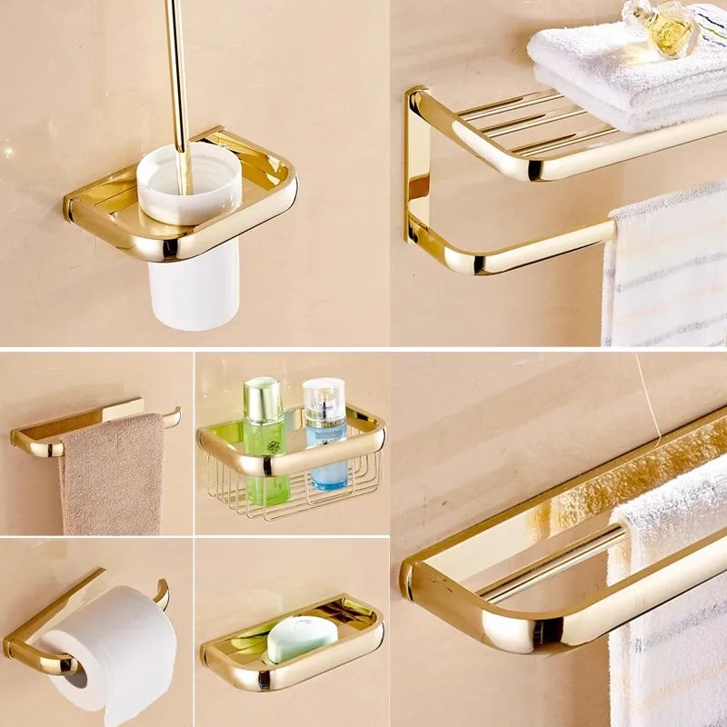 GobekUsa Gold Brass Bathroom Hardware Set: Paper Holder, Towel Bar, Soap Basket, Towel Rack